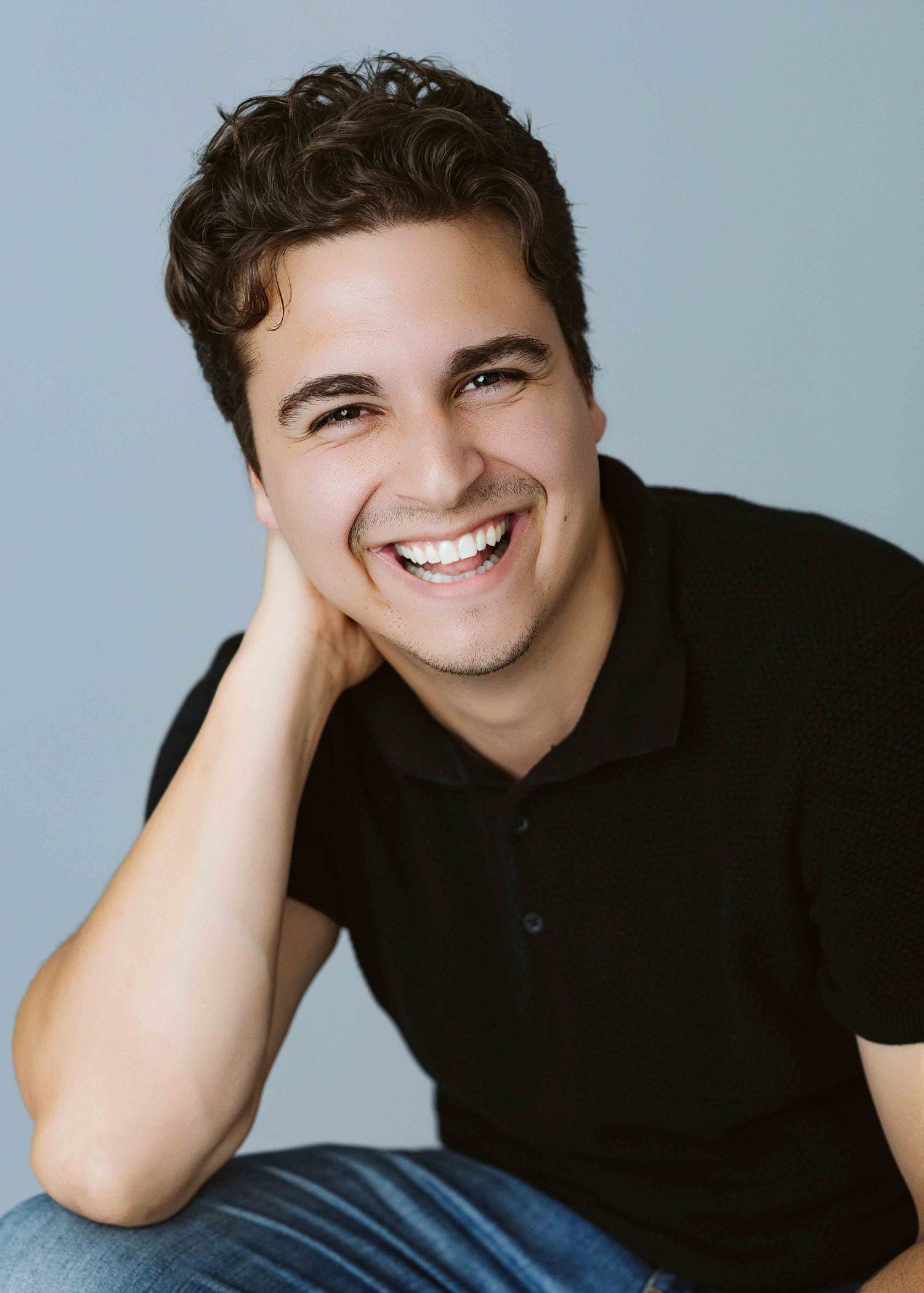 Portrait series showing joyful expressions and casual poses against gray backdrop.