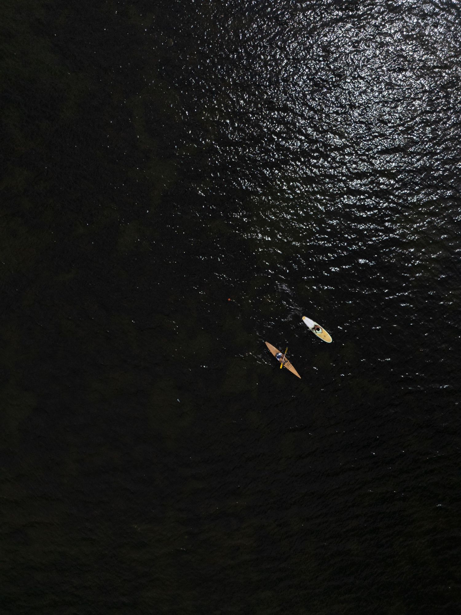 Aerial shot of two people paddle boarding in the dark lake.