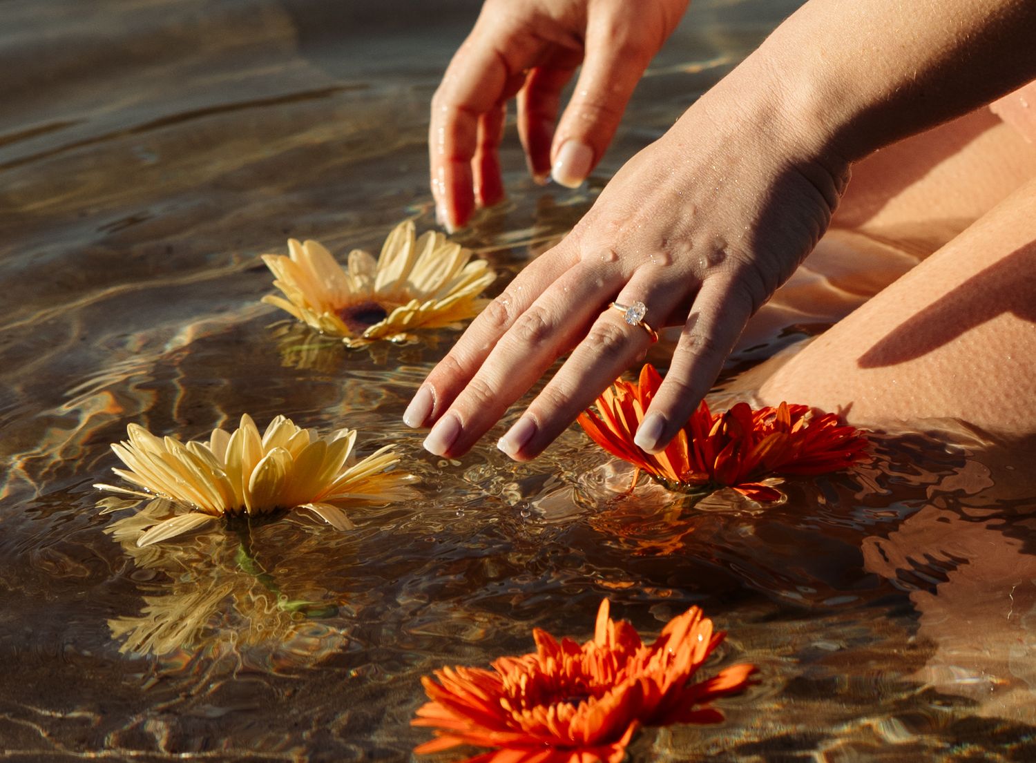 Woman's hands reach for flowers floating in the shallow water, pink manicured nails and a large diamond wedding engagement ring.