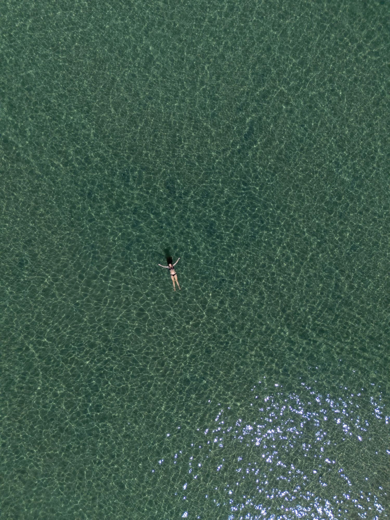 Pregnant mother captured by drone in blue waters of the still ocean in Newcastle.