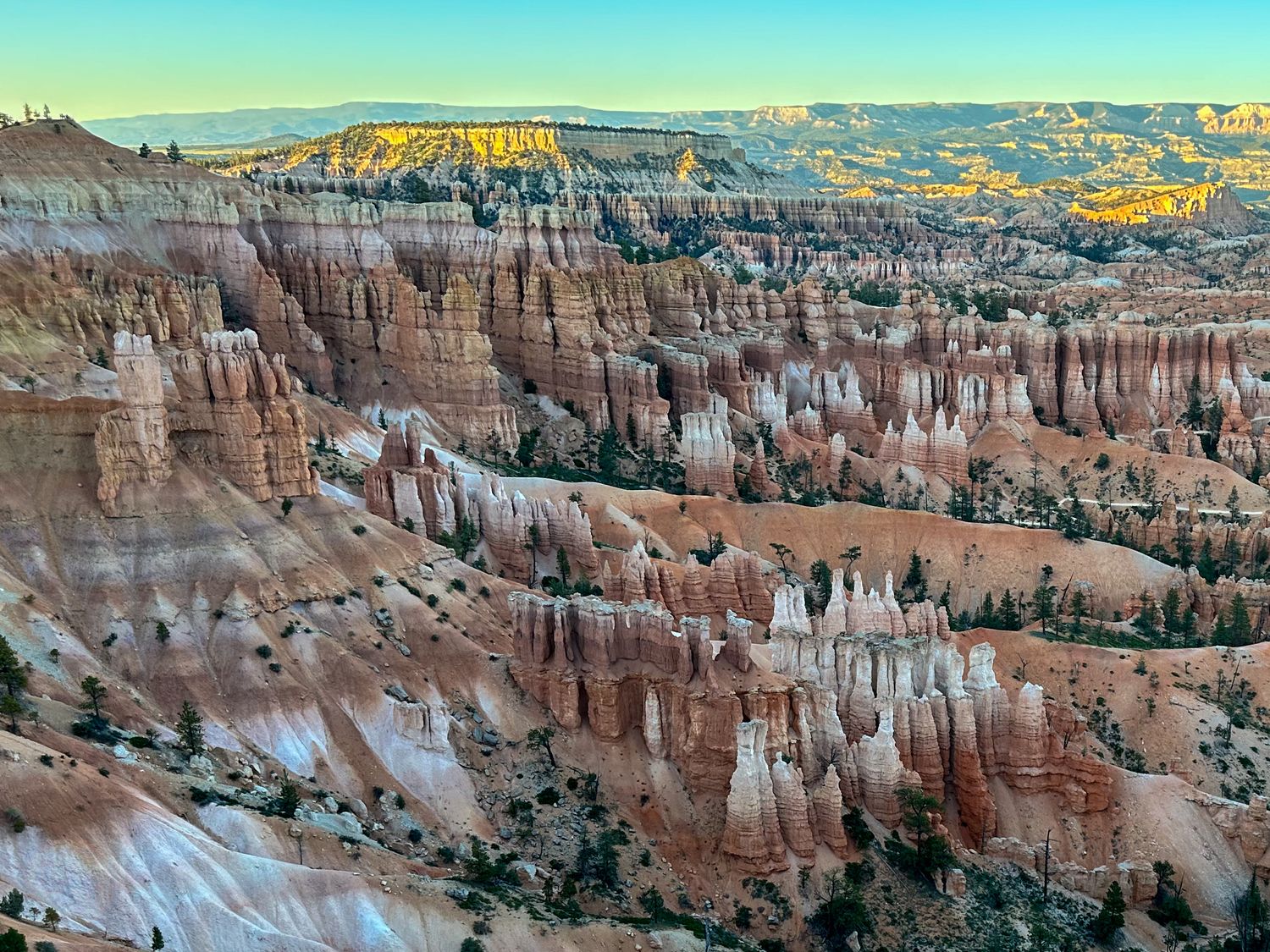 Panoramic vista of Bryce Canyon's distinctive red rock hoodoos and spires under bright blue sky.