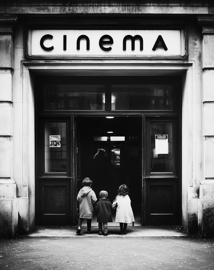 Three children stand before classic Cinema entrance in nostalgic black and white street photograph.