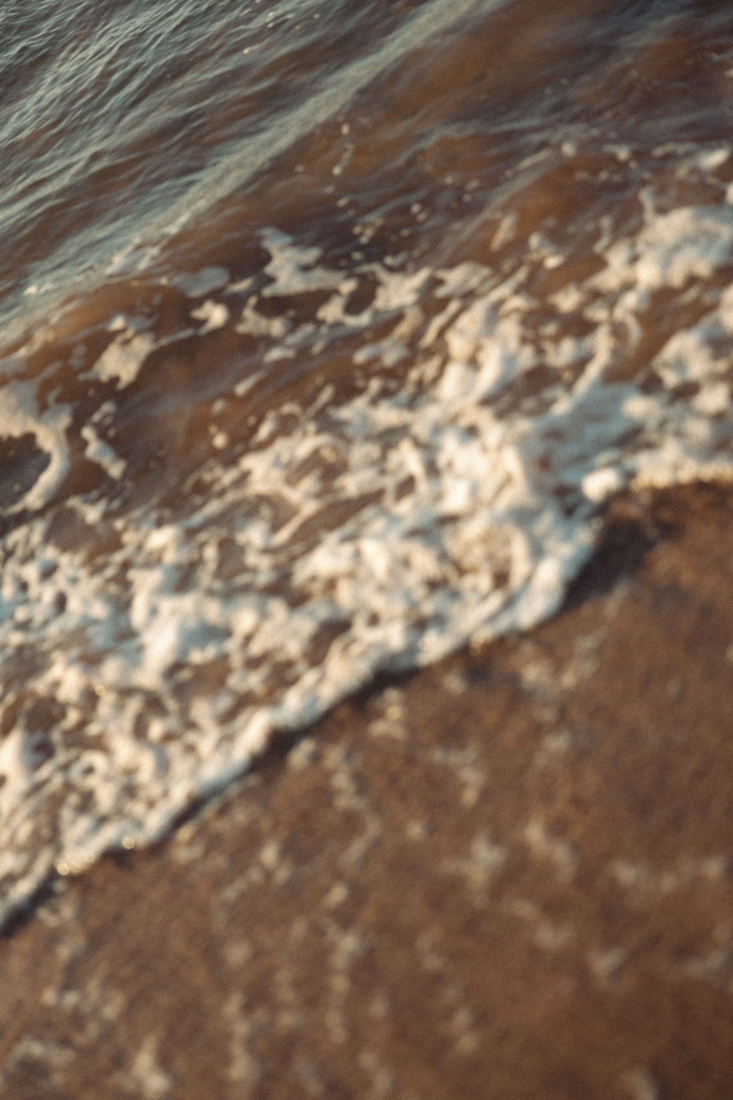 Gentle ocean waves washing over wet sandy shore in warm golden light.
