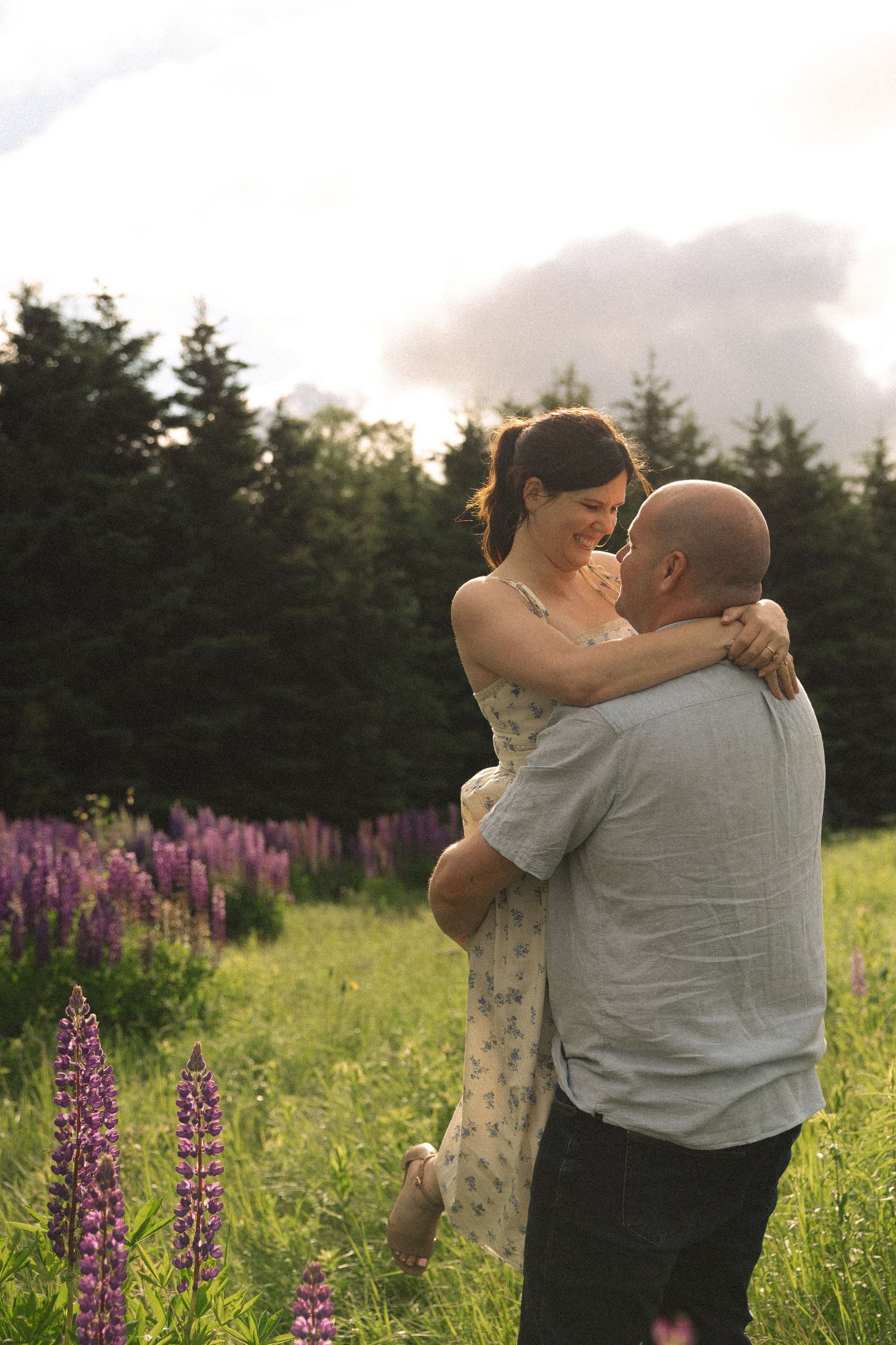Couple embracing romantically in a field of purple lupine flowers at golden hour sunset.