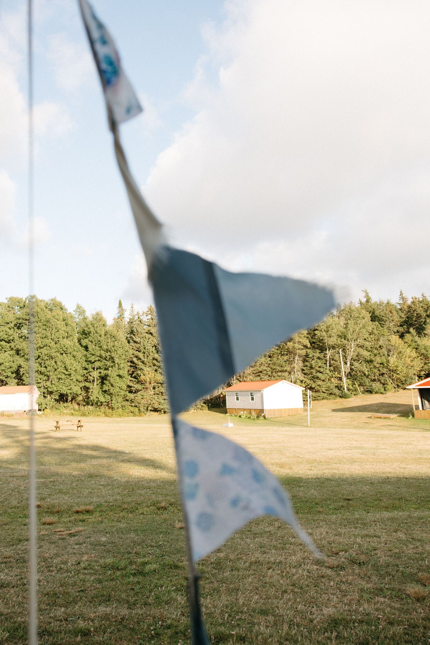 White flags flutter against a scenic landscape with trees and buildings in the background.