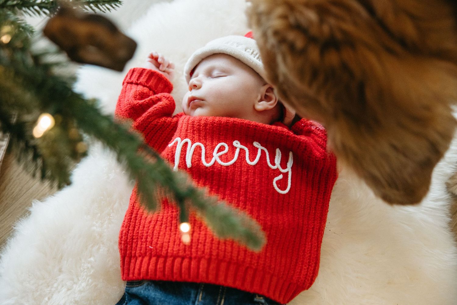 A sleeping baby in red 'Merry' sweater lies beneath Christmas tree branches.