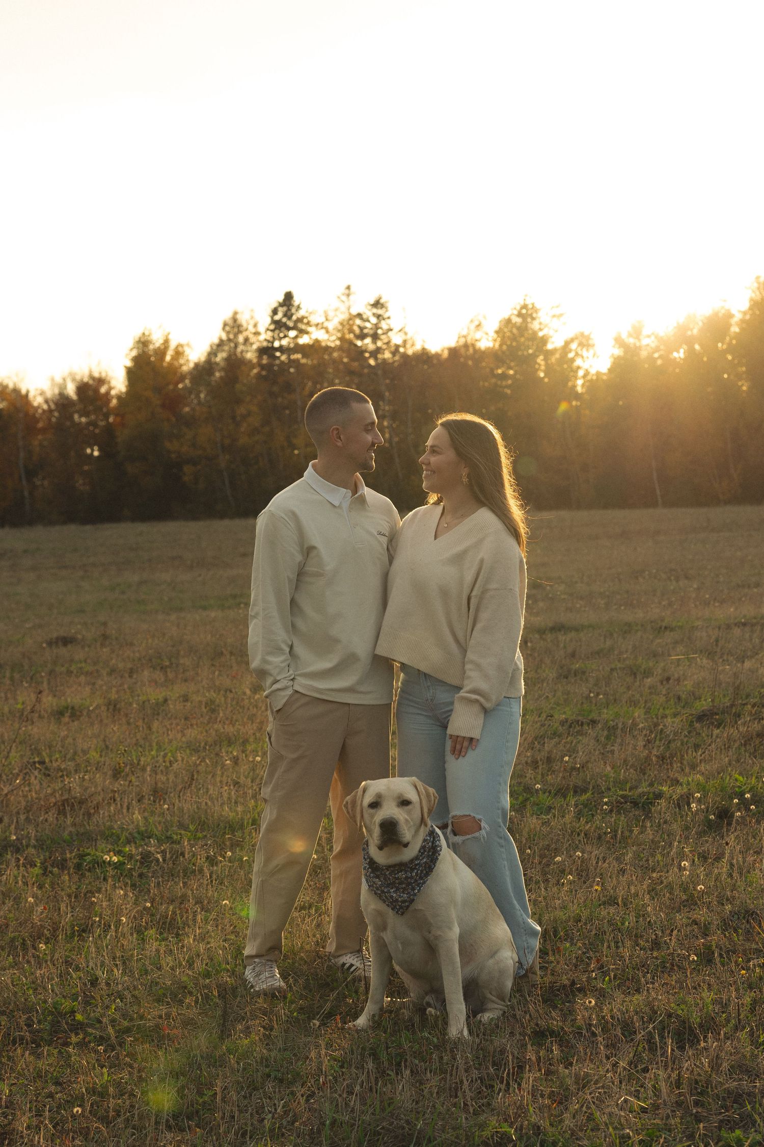 A couple and their Labrador retriever pose in a golden field at sunset wearing matching cream sweaters.