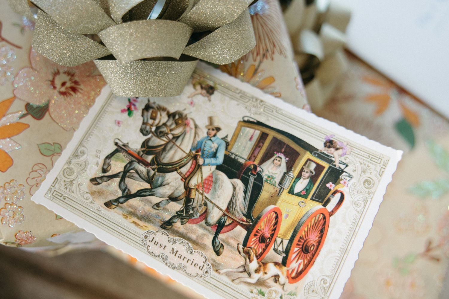 Vintage illustration card showing a horse-drawn carriage scene.