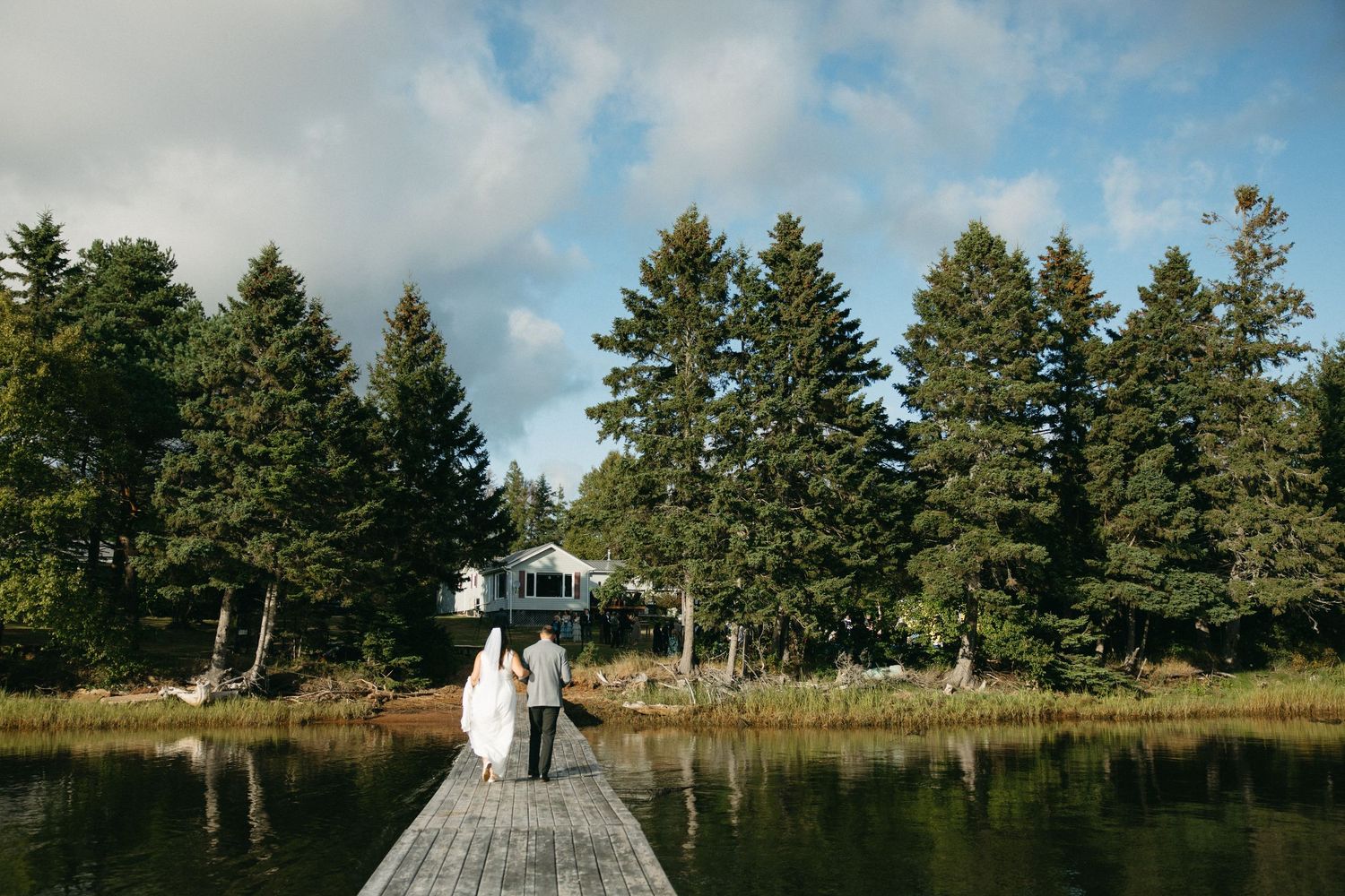 Panoramic view of wooden dock extending into lake surrounded by evergreen forest.