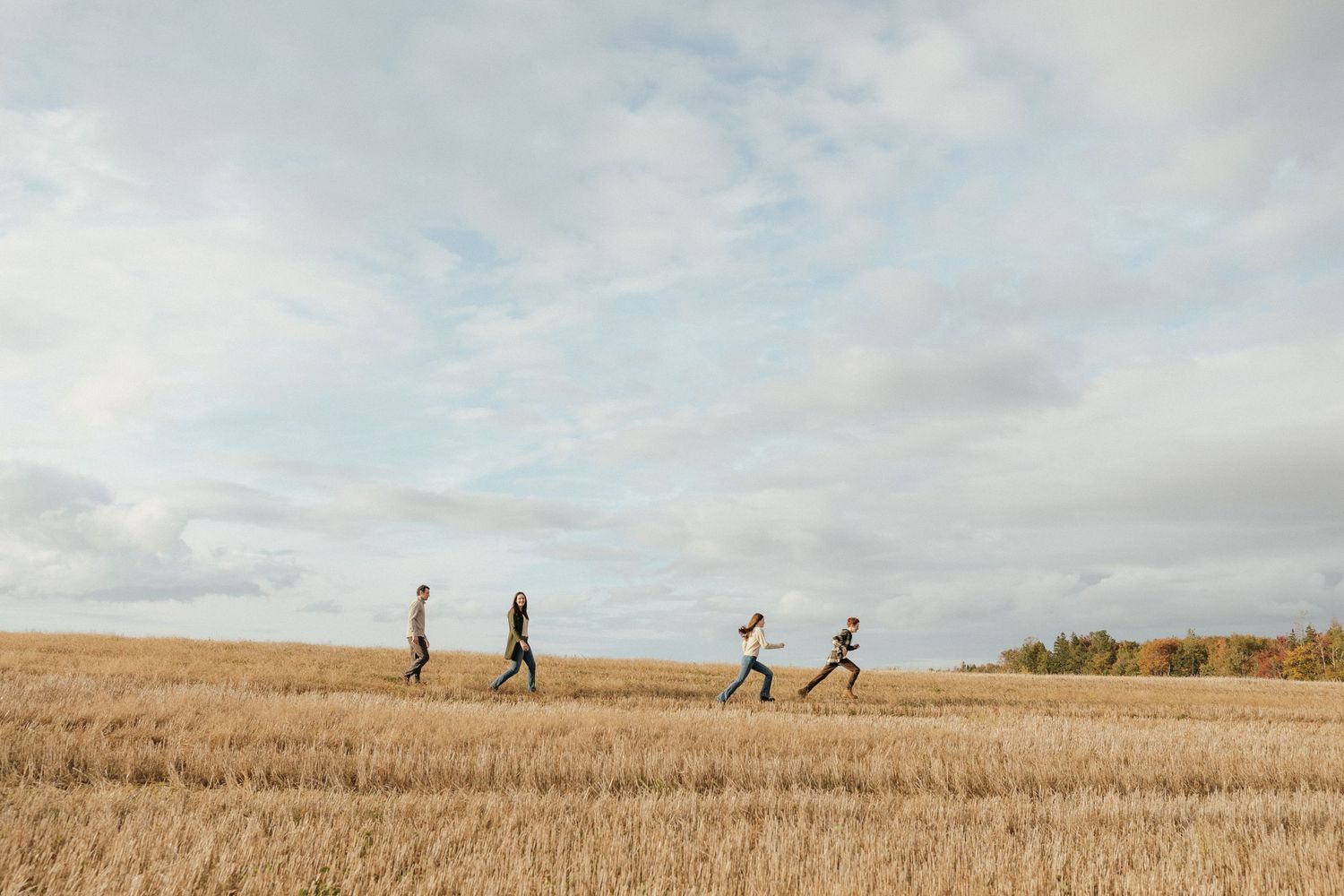 Silhouettes of people running through a golden wheat field under cloudy skies.