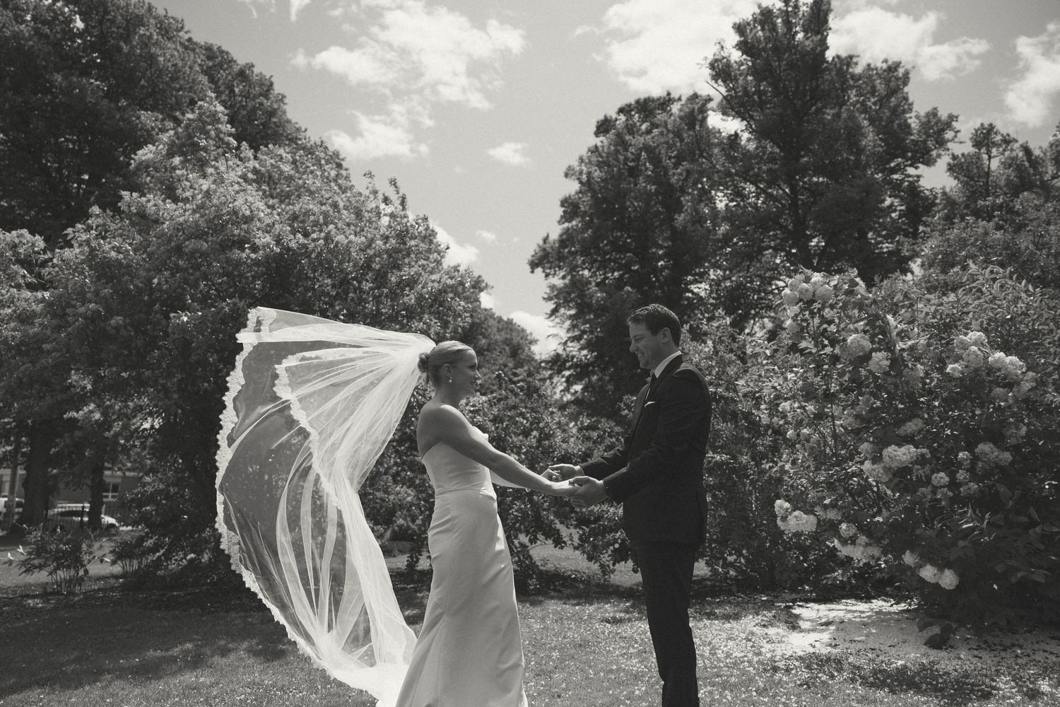 Wedding couple embracing in a sunlit garden with dramatic sky.