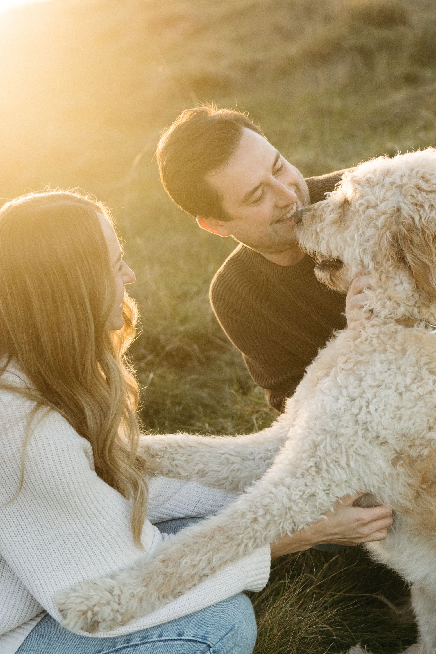 A smiling man and woman crouch on a grassy hillside at golden hour, petting a fluffy cream-colored goldendoodle dog.