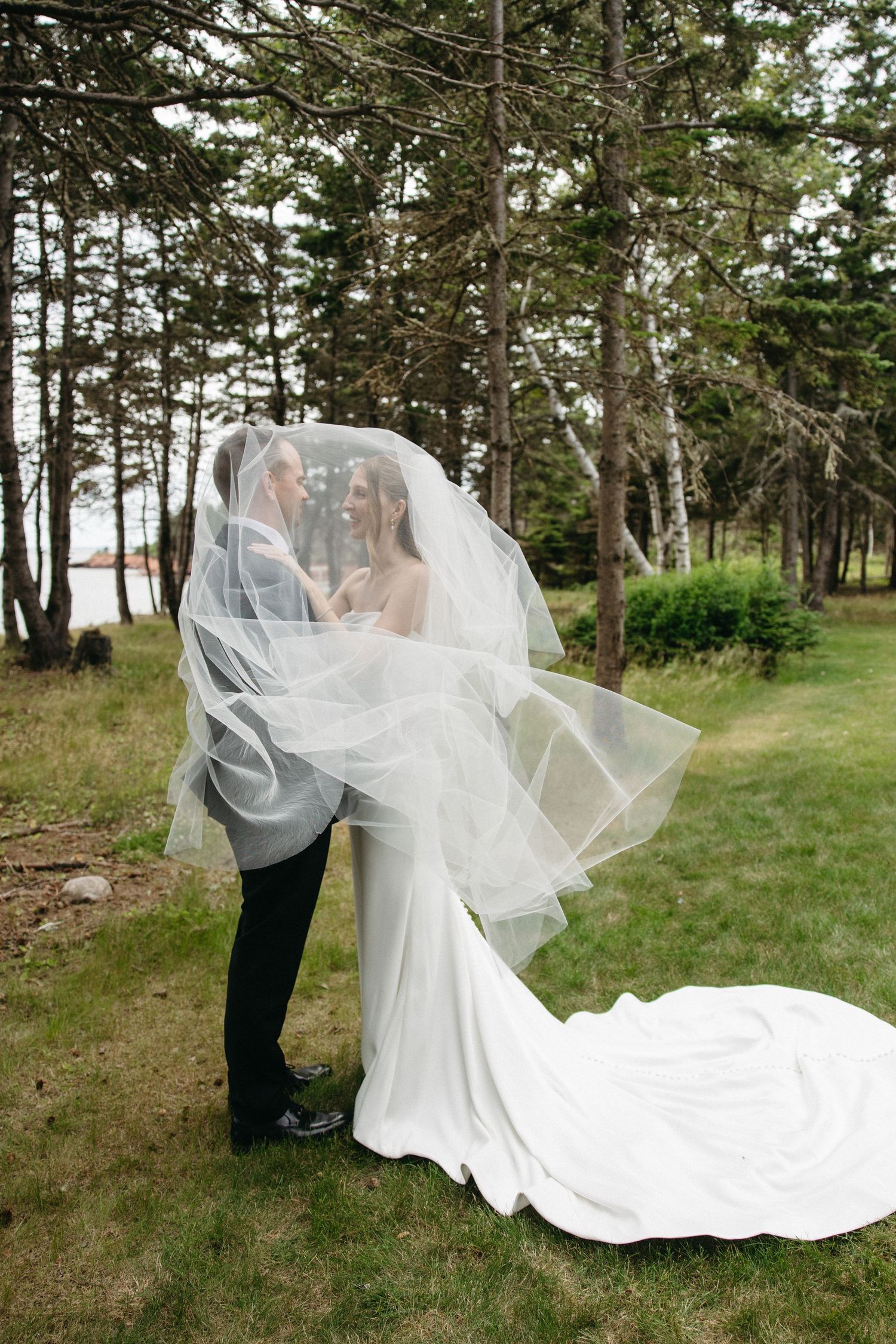 Bride and groom sharing a kiss under flowing veil in lush forest setting.