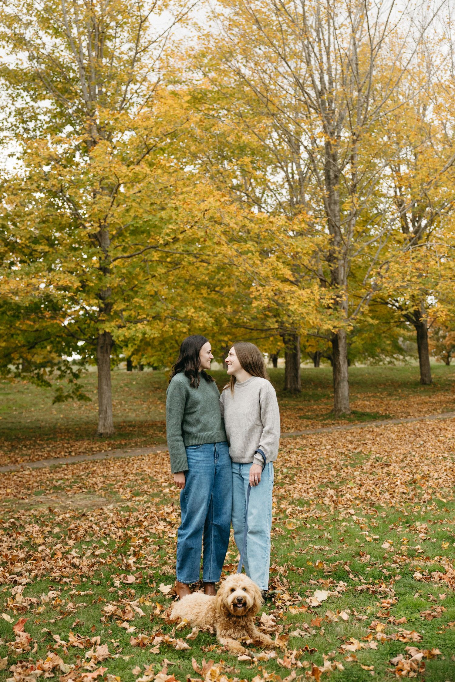 Two women in cozy sweaters smile at each other beneath yellow autumn trees while a fluffy golden doodle sits at their feet.