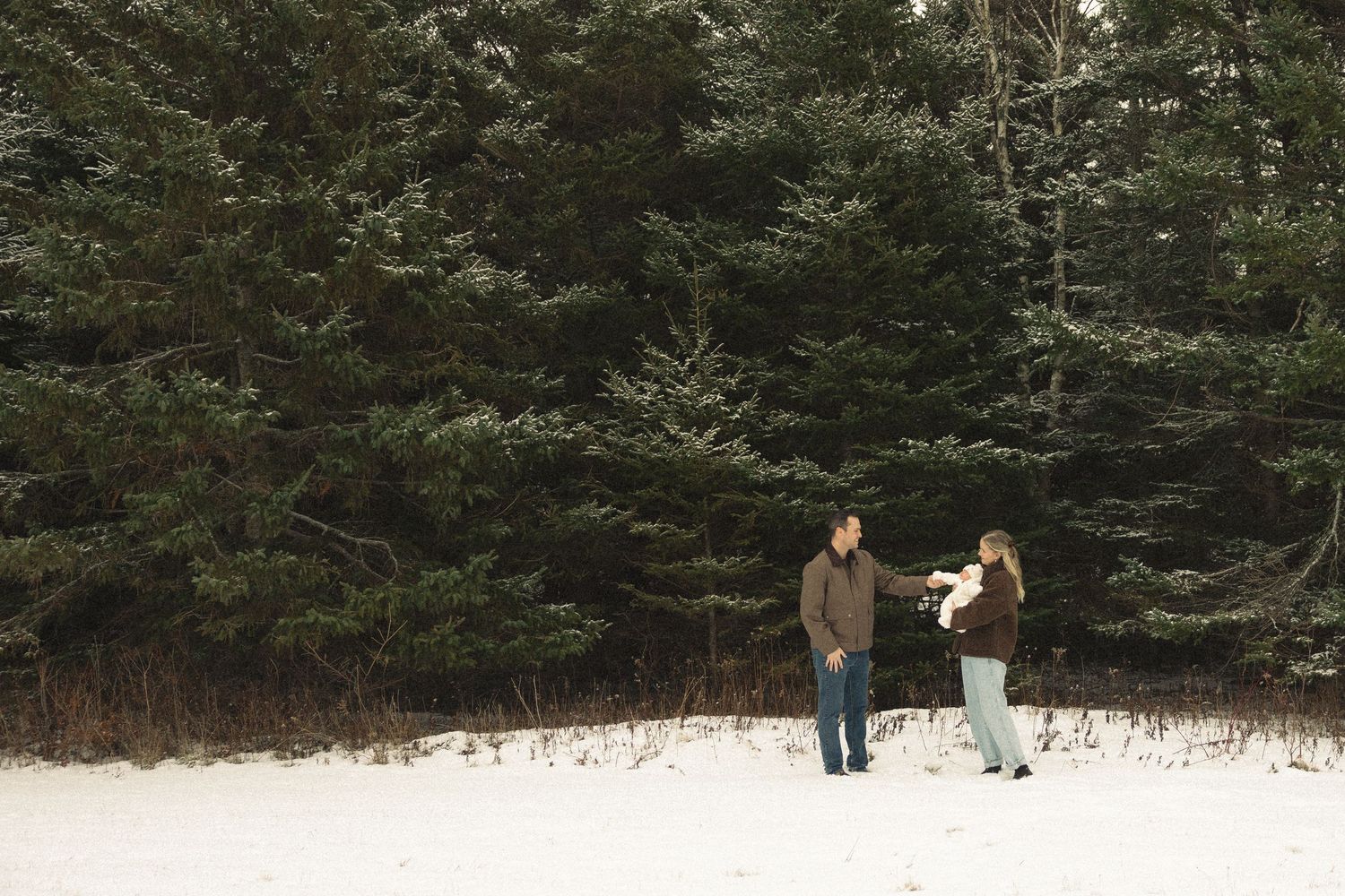 A couple stands together in the snow with evergreen trees creating a dramatic winter backdrop.