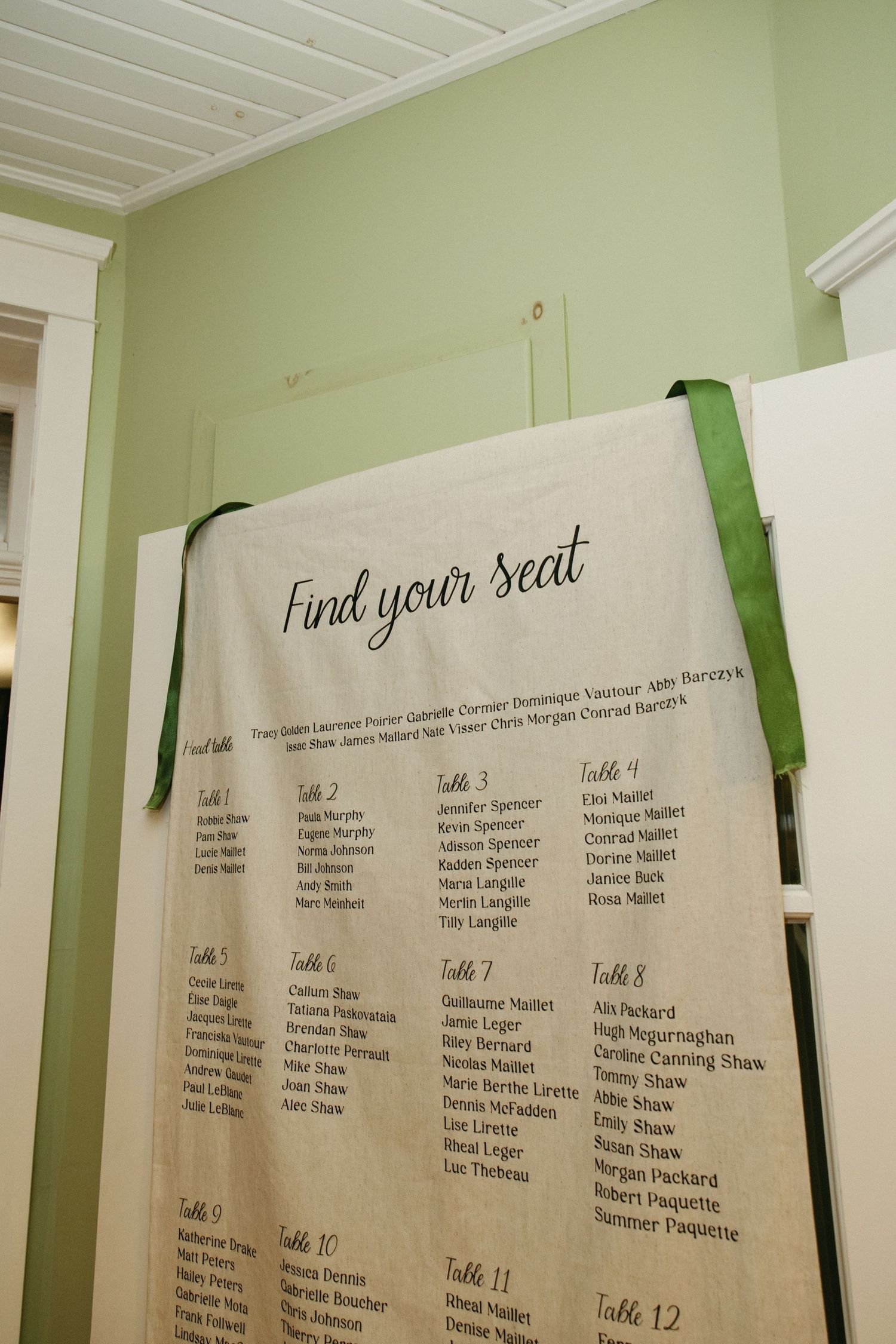 Elegant fabric seating chart sign reading Find Your Seat displayed at a wedding reception venue.