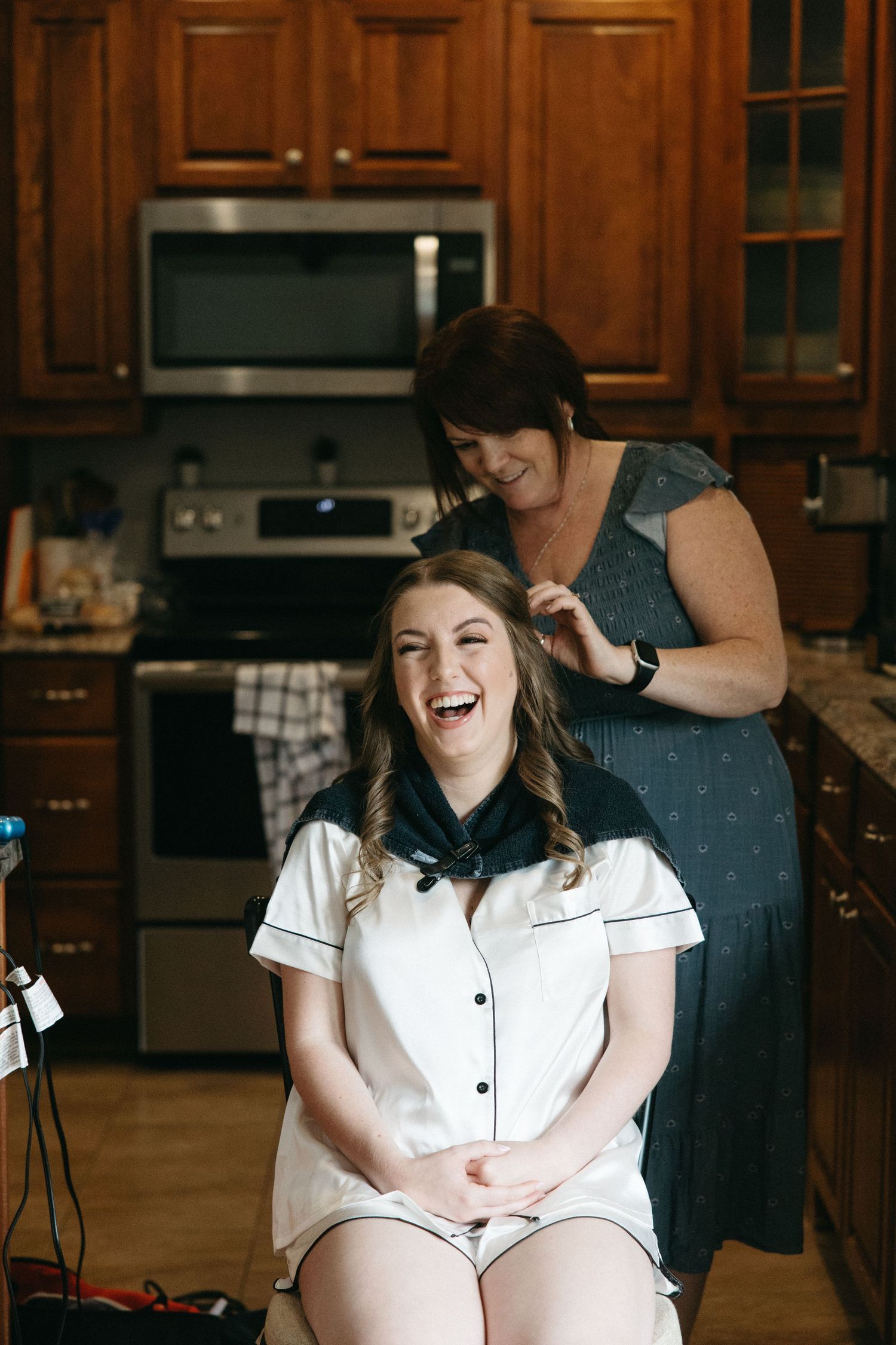 Getting ready scene in kitchen with laughter and joy.