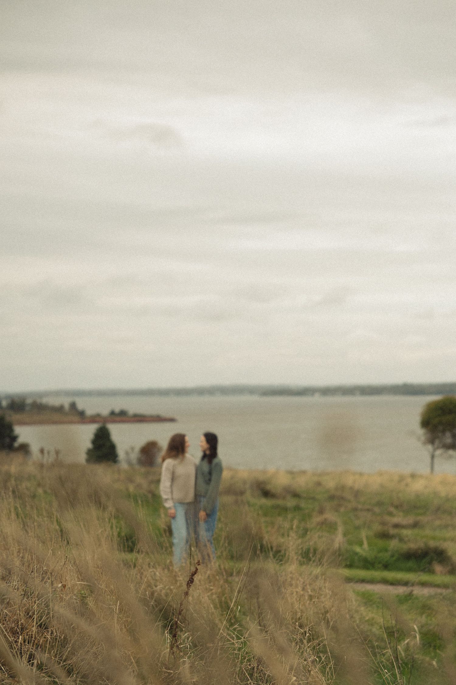 Two women stand together on a grassy hilltop overlooking a calm lake under a soft, overcast sky in this engagement photo.