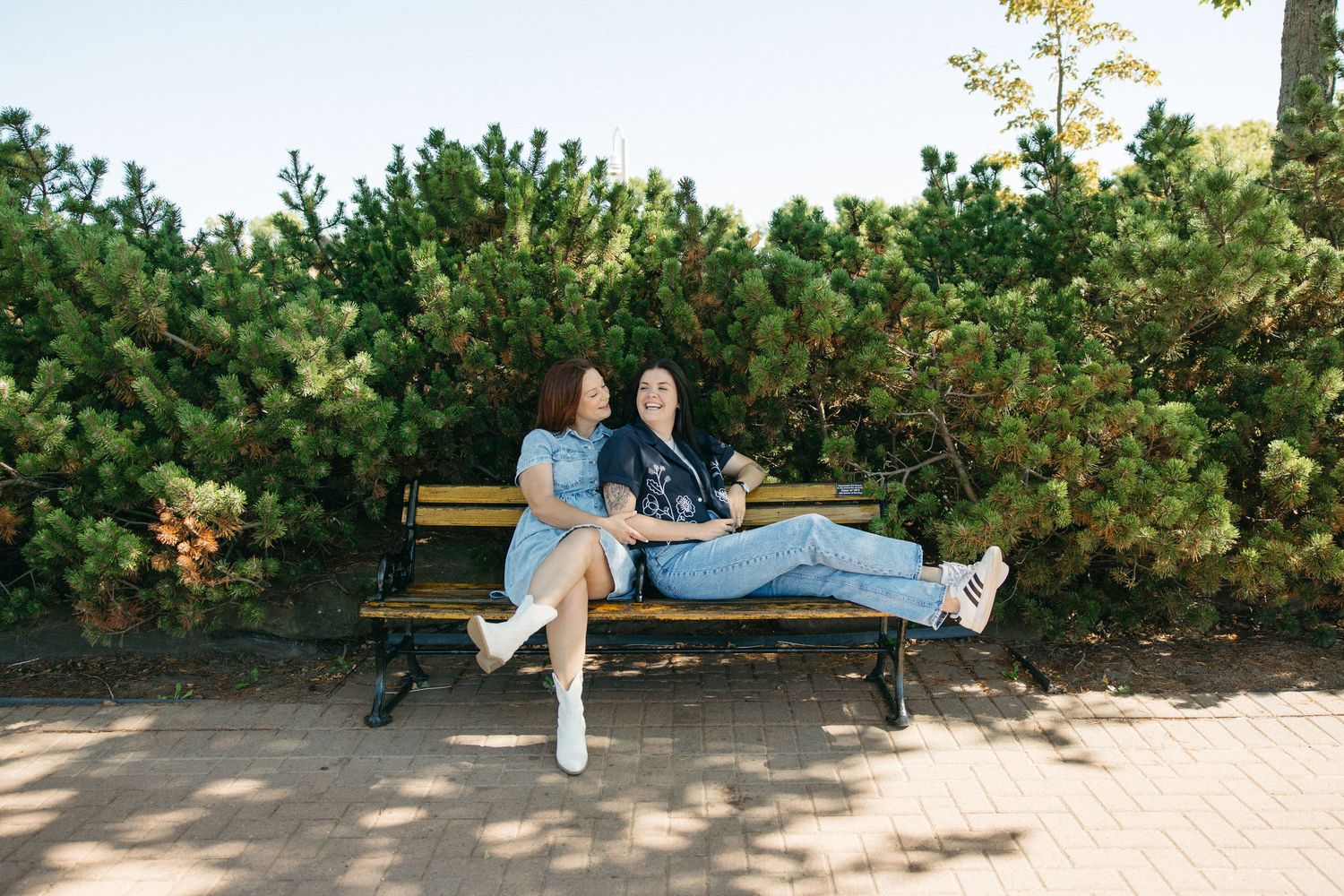 Couple relaxing on a park bench surrounded by evergreen trees.