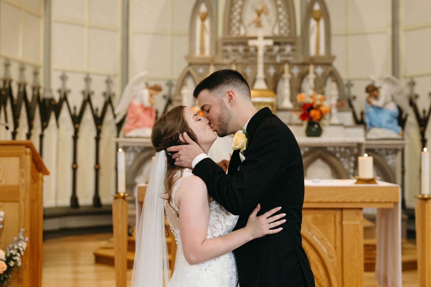 Romantic wedding ceremony moments captured in a traditional church setting.