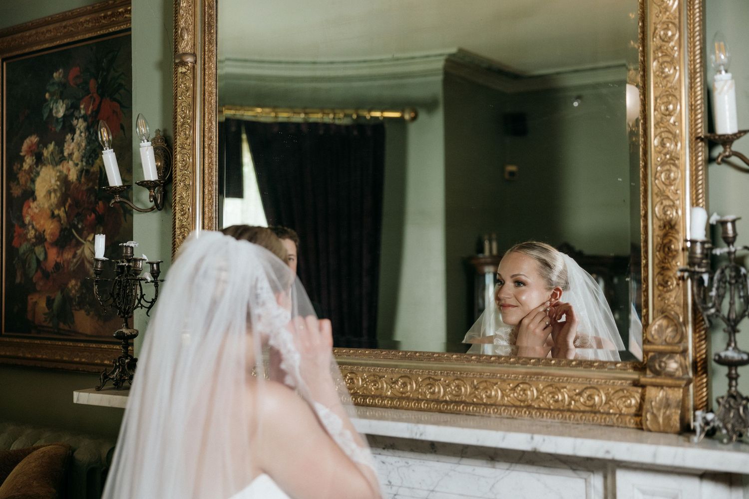A series of romantic wedding photos showing a couple in an elegant indoor setting with ornate frames and decor.
