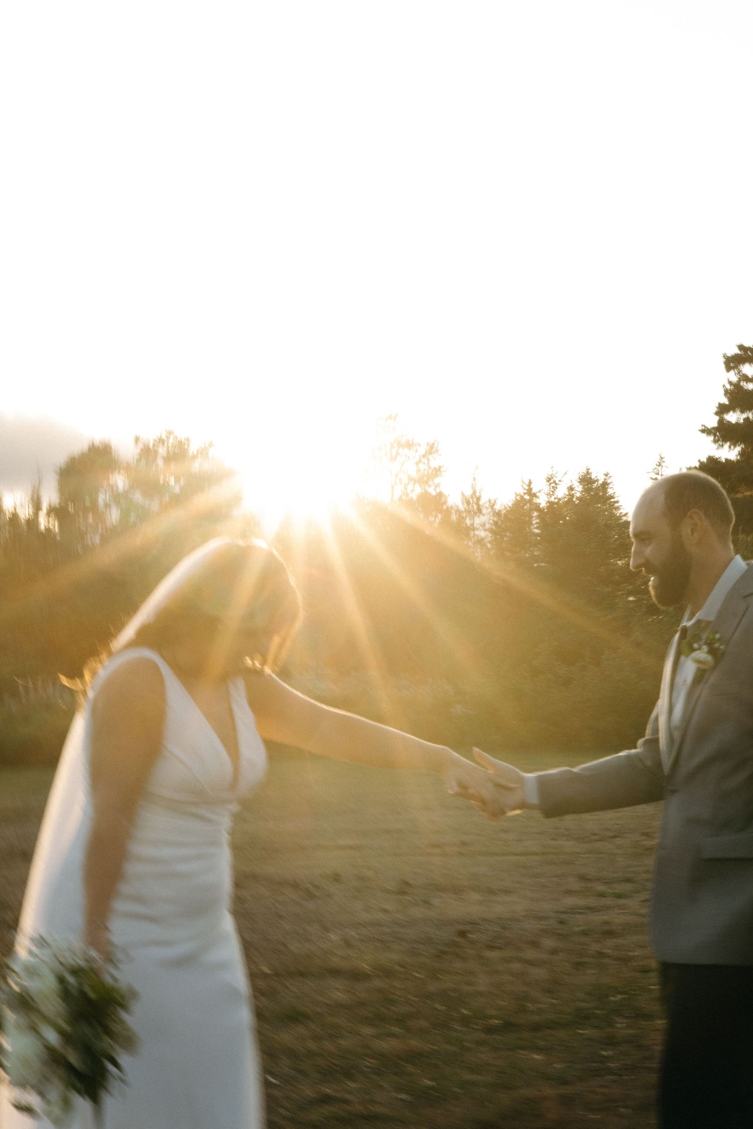 A couple holds hands in a sunlit field during golden hour as they share an intimate moment together.