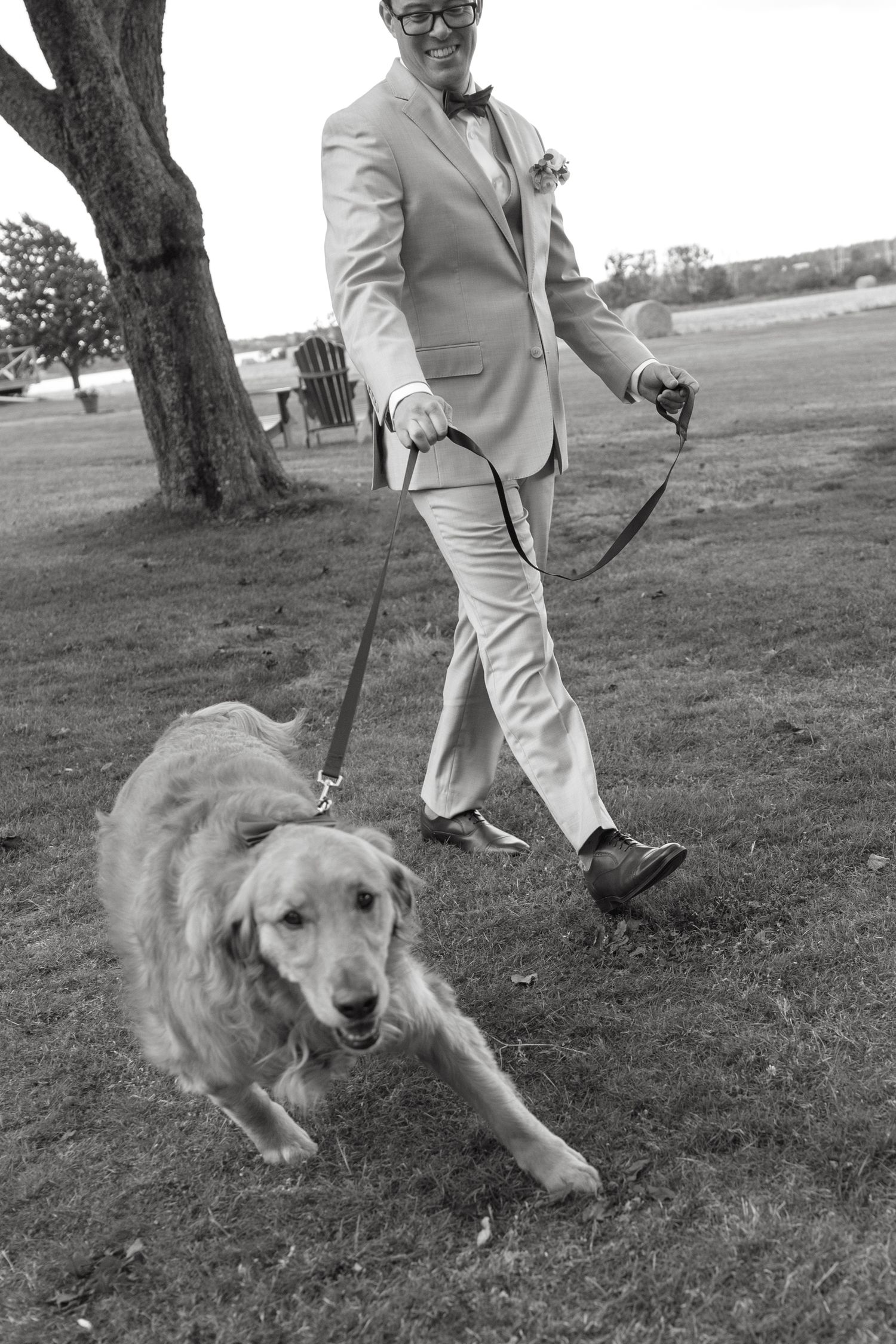 Black and white photo of a groom in a light suit walking a golden retriever on a leash at an outdoor wedding venue.