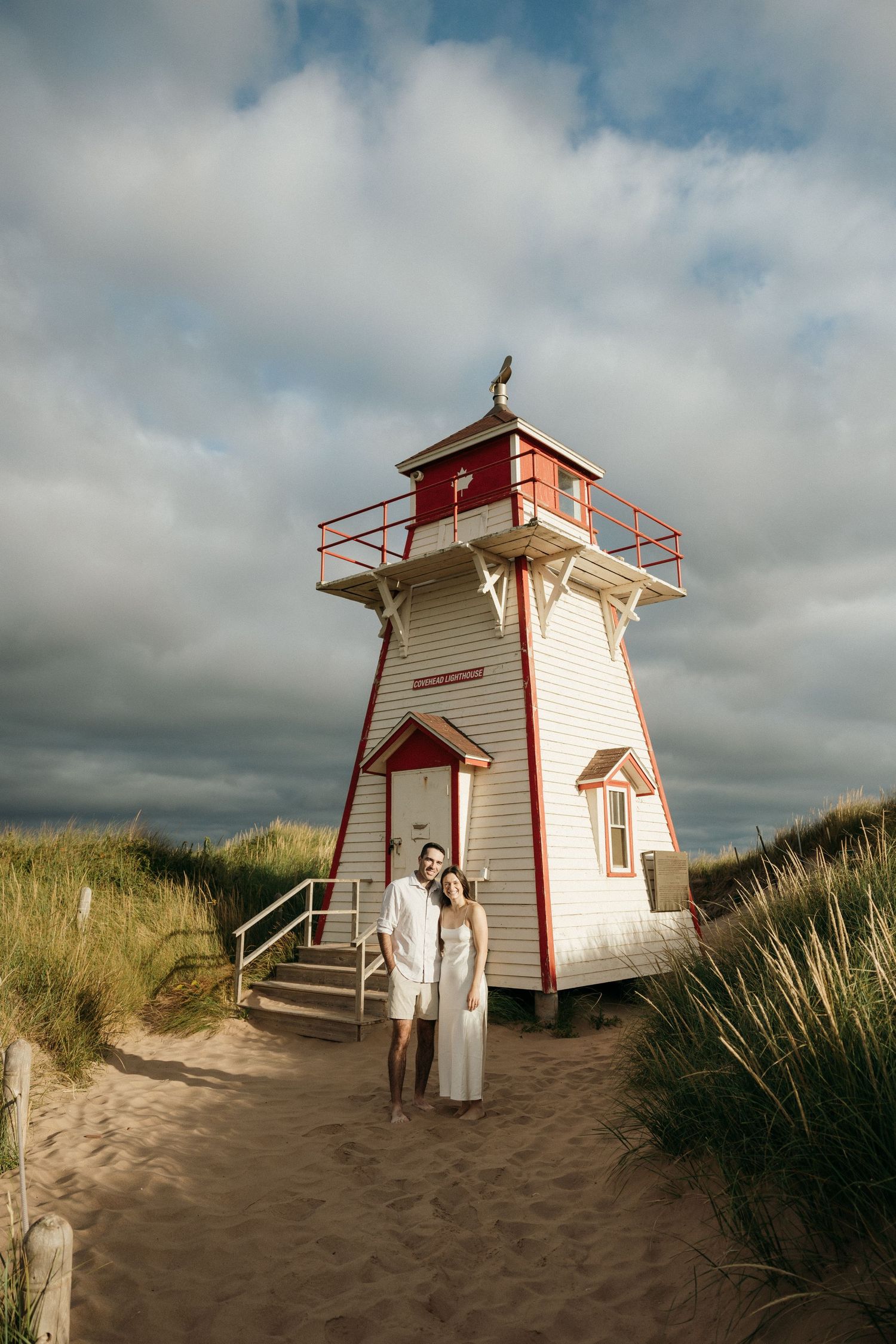 Scenic lighthouse on sandy dunes with dramatic clouds and beach grass in background.