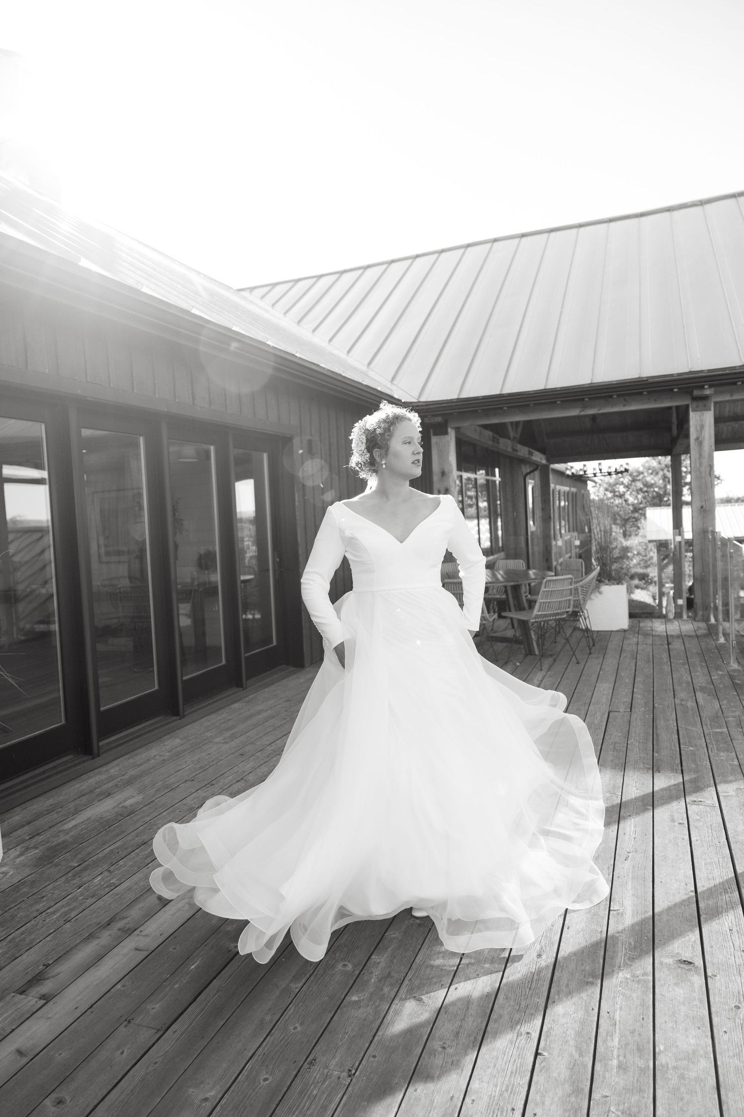 Ethereal wedding dress movement captured in sequence on a sunlit wooden deck.