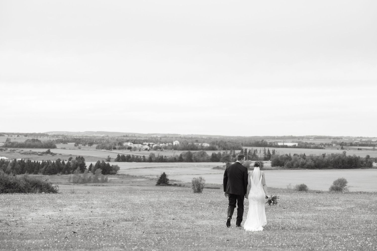 Scenic landscape view of rolling hills and fields on a cloudy wedding day.