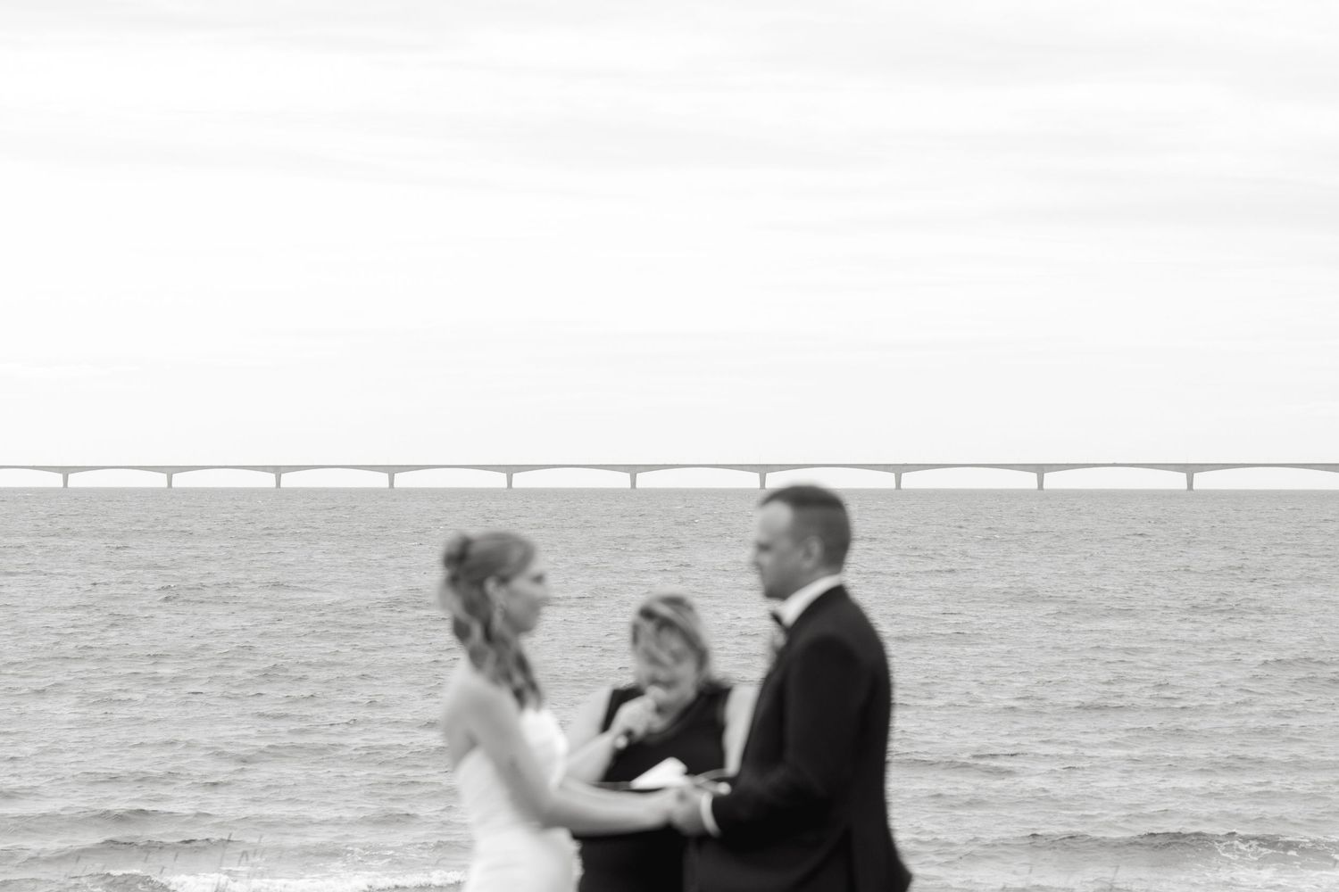 Black and white photo of bride and groom exchanging vows by the water with bridge behind.