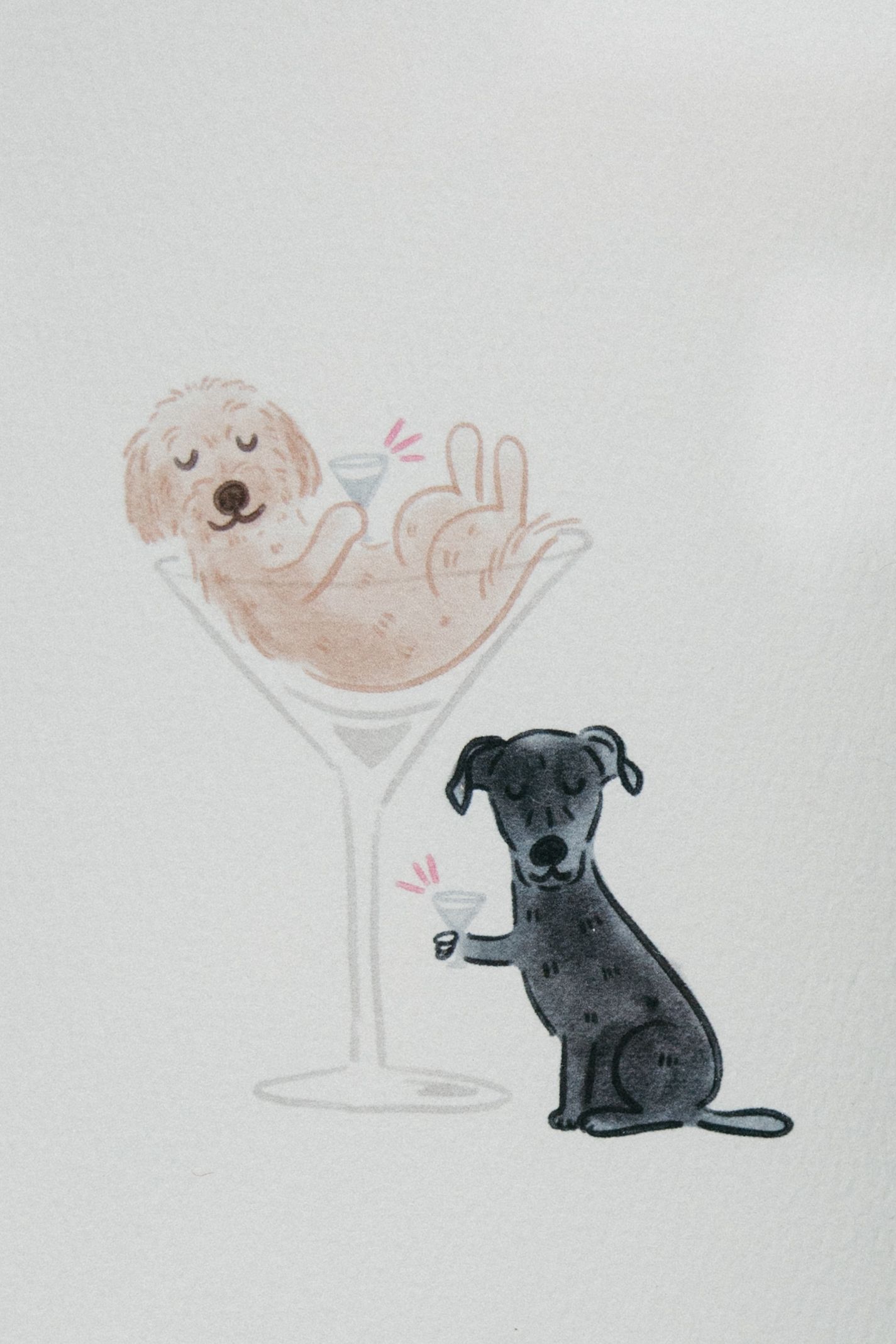 Whimsical watercolor illustration of two dogs toasting with martini glasses at a wedding.