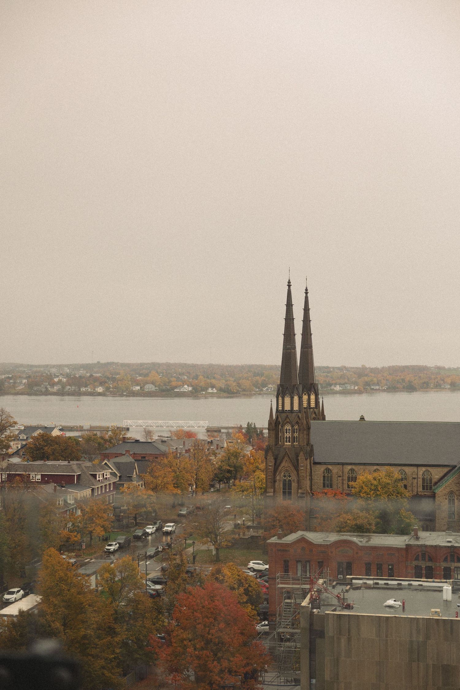 Cityscape view showing church spires and autumn trees against an overcast sky.