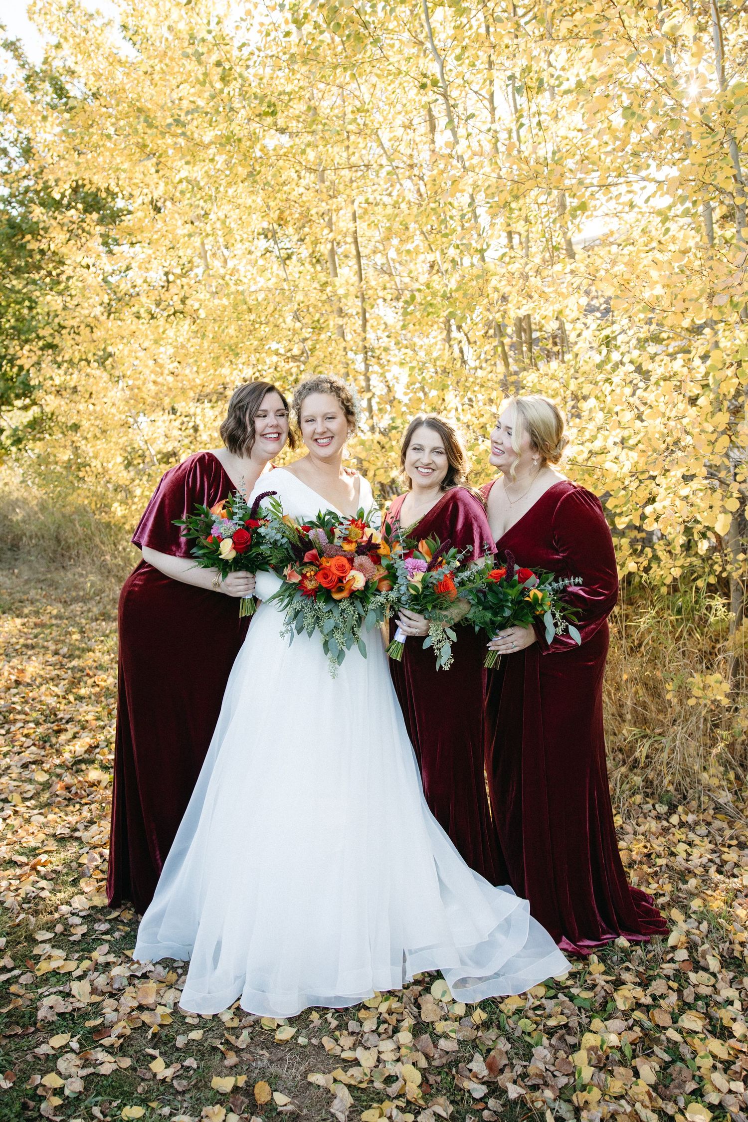 Wedding group photo with burgundy velvet bridesmaids dresses against yellow fall trees.