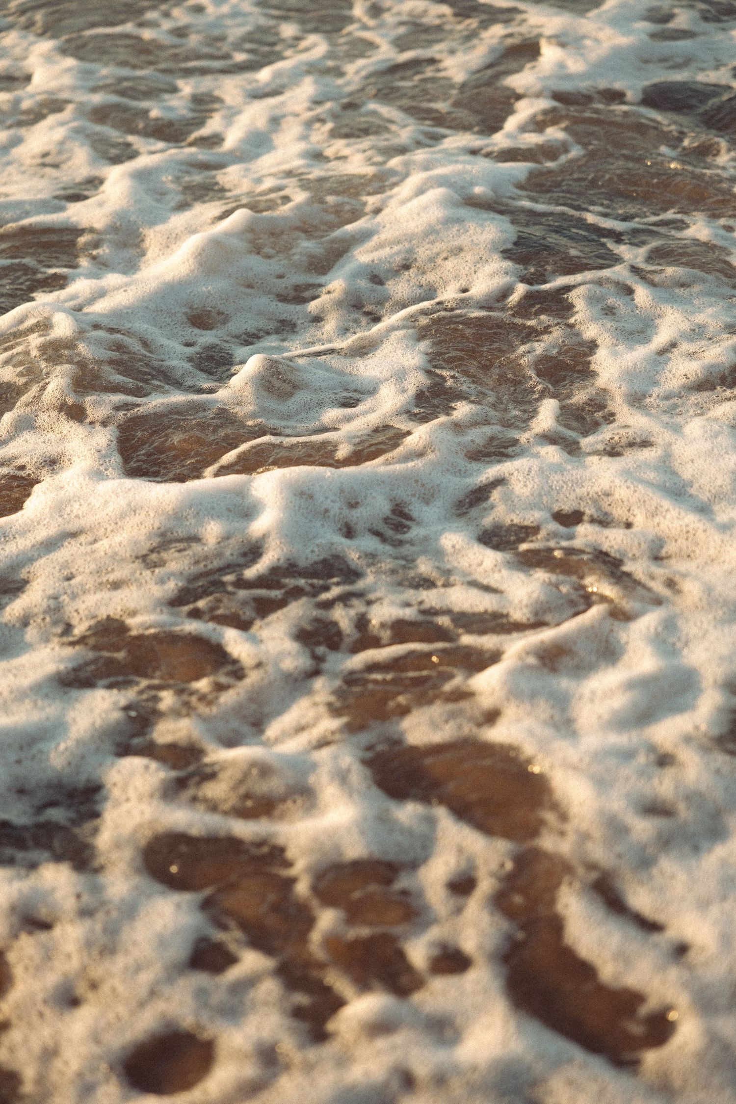 Foamy ocean waves washing over sandy beach shore at golden hour.