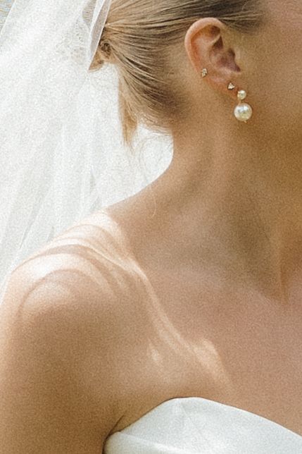Close-up of pearl drop earrings and veil against bride's neck.
