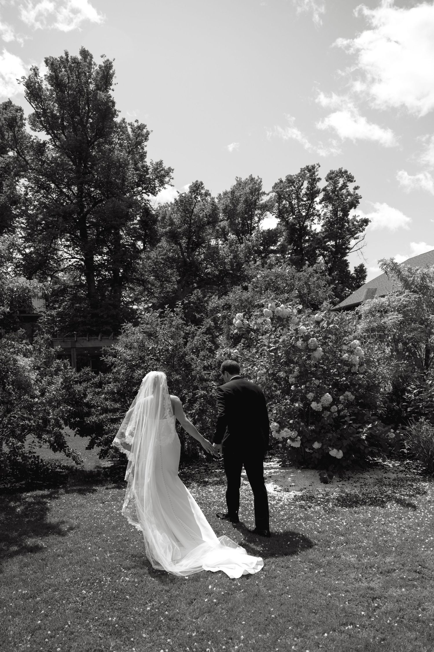 Wedding couple walking through a sunny meadow with mountains in the background.