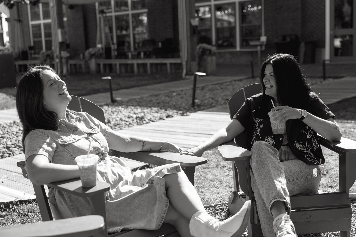 Black and white photo sequence showing people sitting in outdoor chairs.