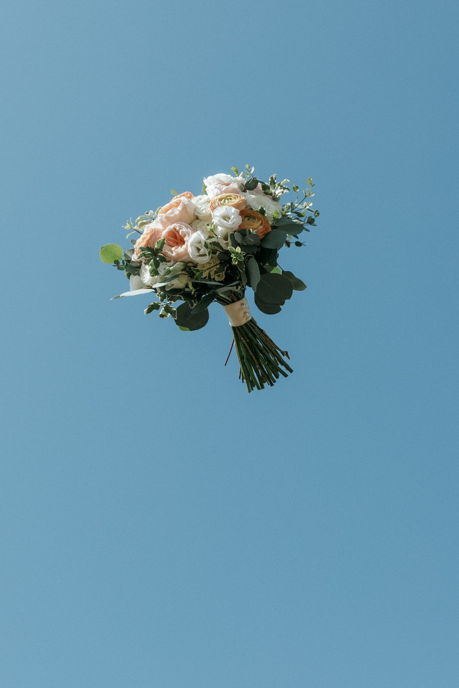A bridal bouquet of pink and white roses with eucalyptus greenery tossed against a clear blue sky.
