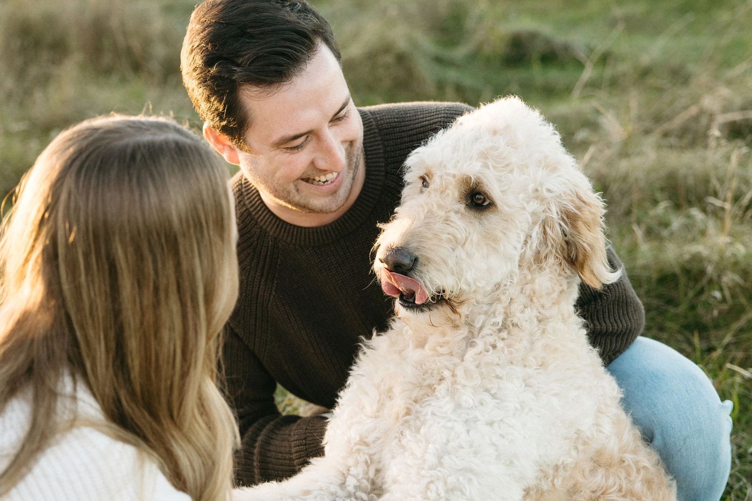 Smiling man in a brown sweater kneels in a grassy field beside a woman with long hair and a fluffy white goldendoodle dog.