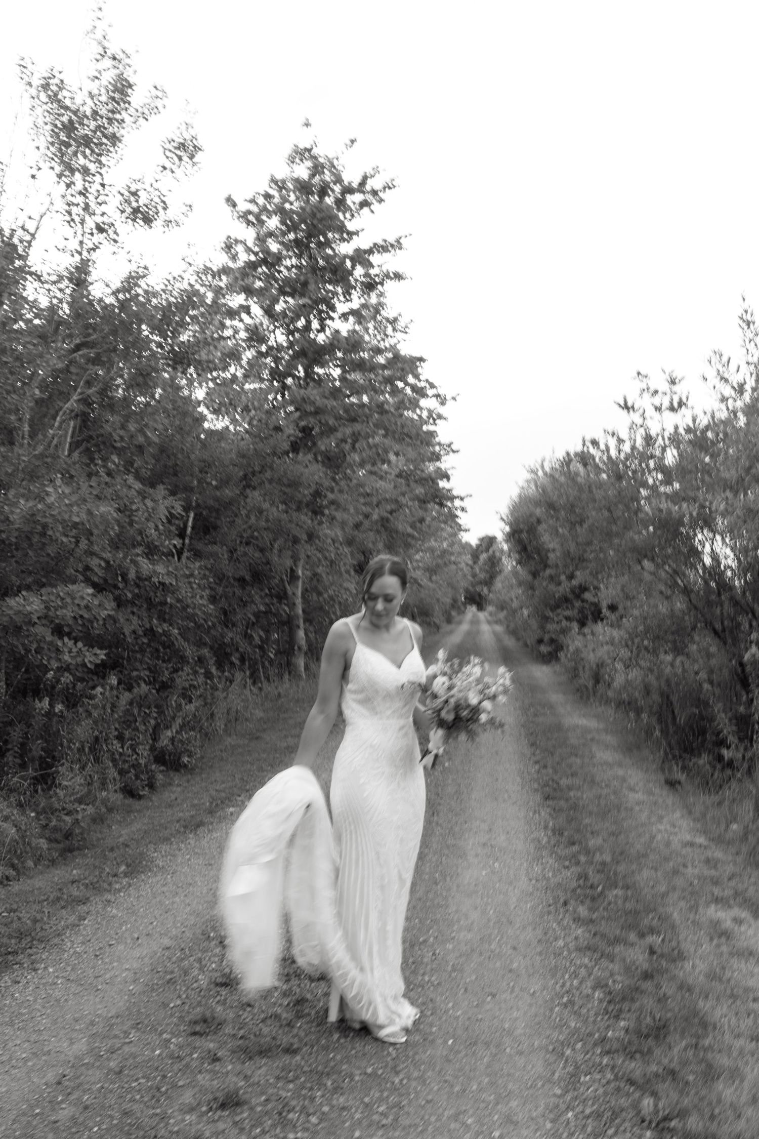 Black and white photo of wedding couple walking down a tree-lined path.