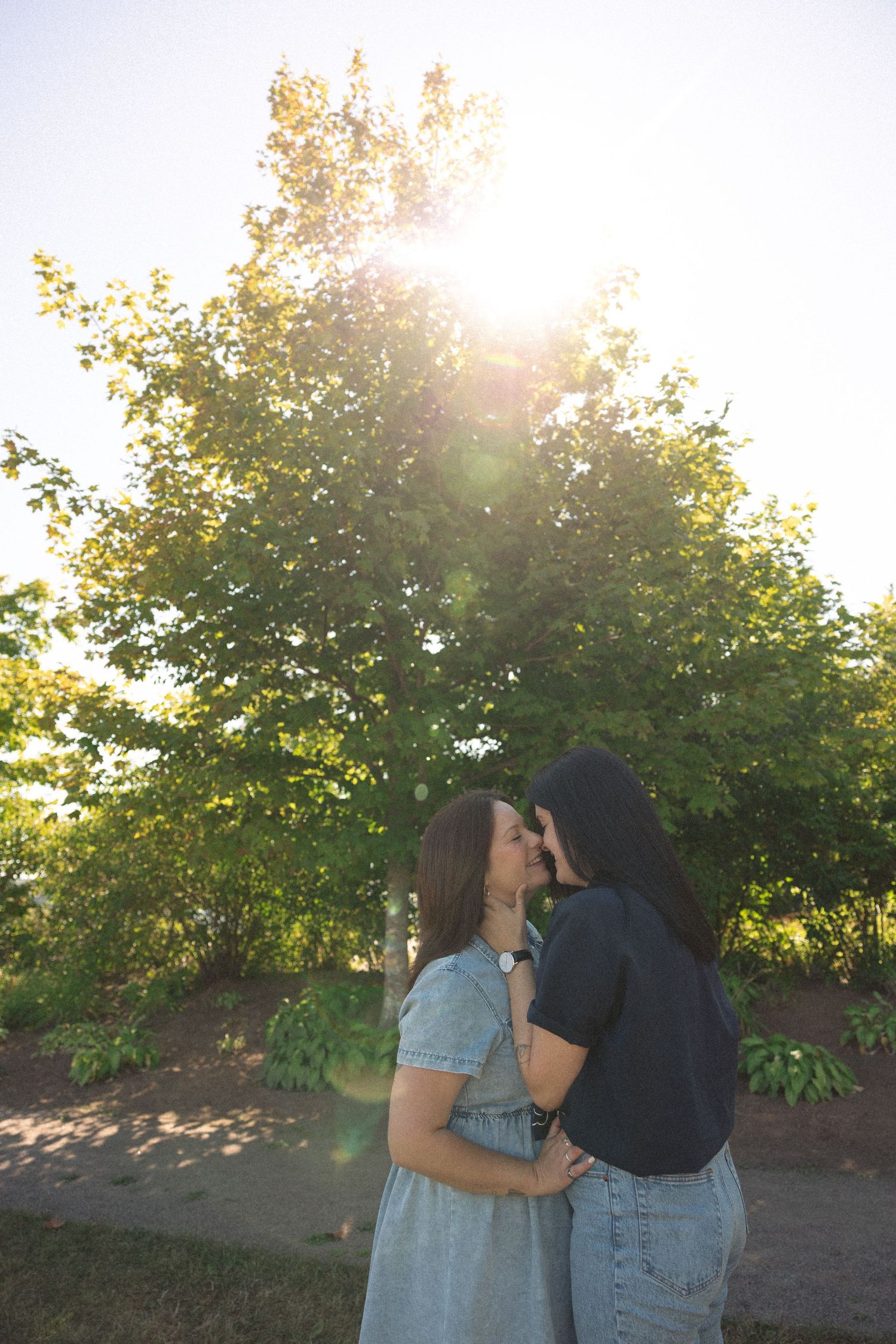 A tender moment shared between two people under a sunlit tree in a park.
