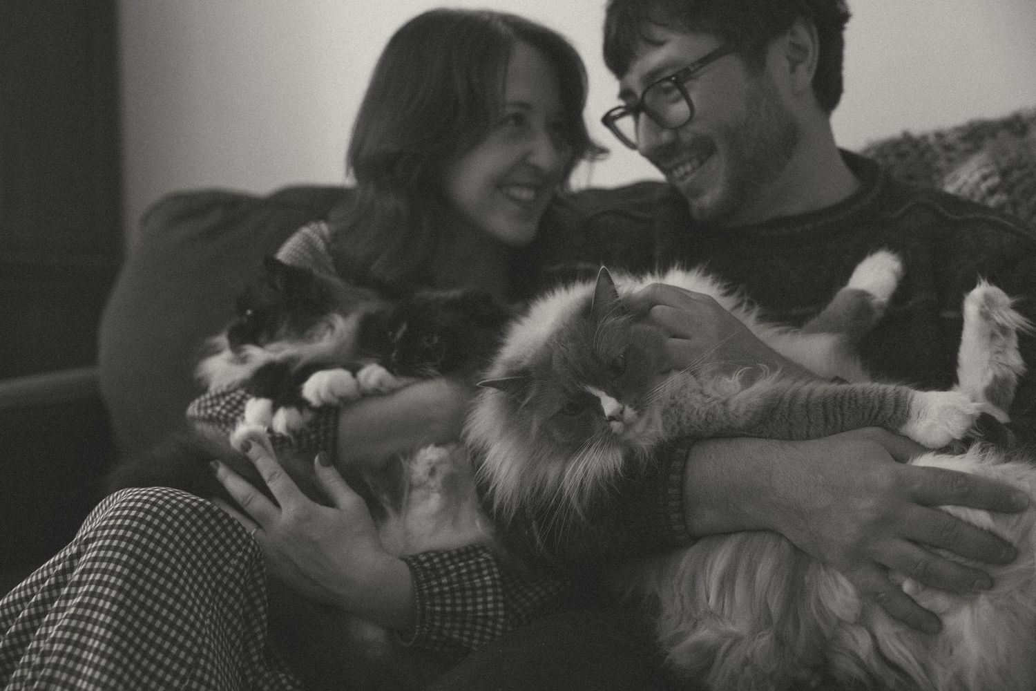Black and white photo of a smiling couple sitting on a couch together, cuddling with two fluffy cats.