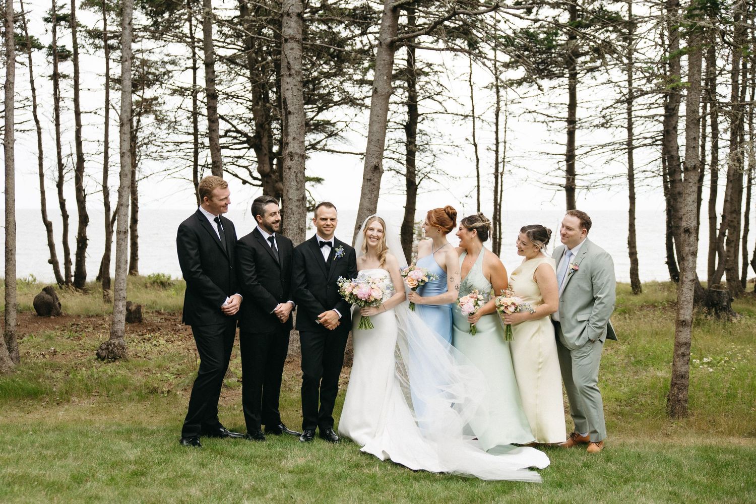 Wedding party poses among tall trees in a scenic outdoor setting, bride in white gown with bridesmaids and groomsmen.