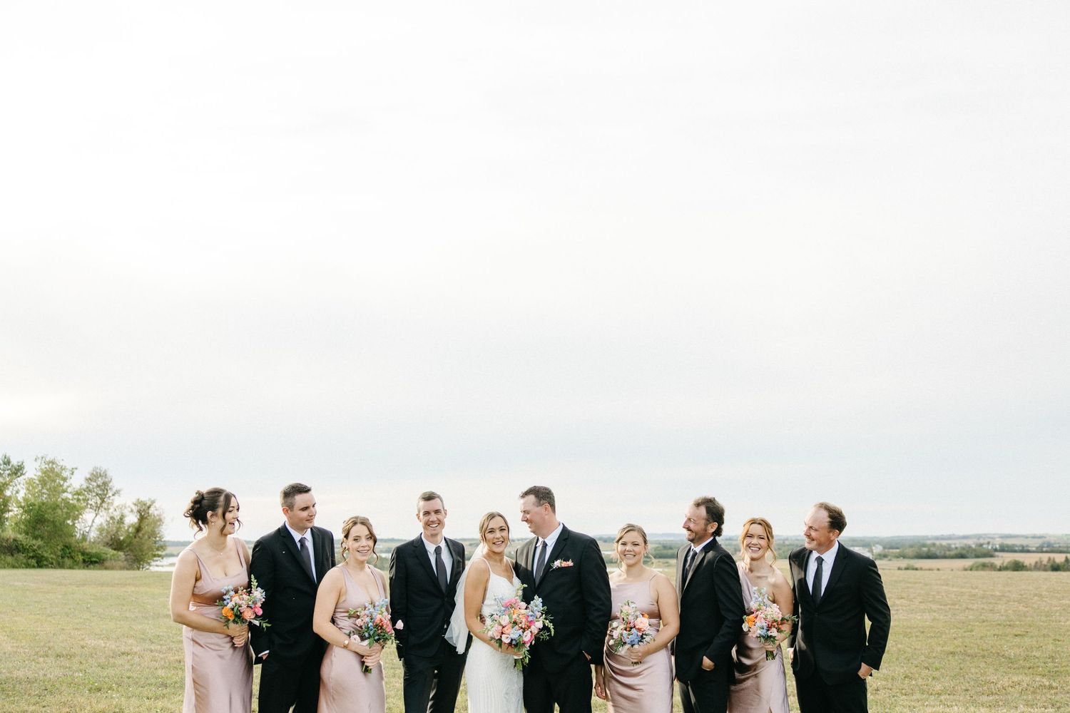 Panoramic view of wedding party gathered on a grassy hillside under cloudy skies.