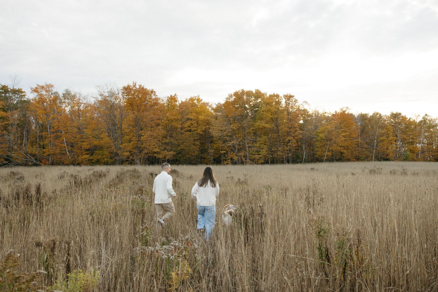 Couple walking with dog through golden meadow with autumn trees in background.