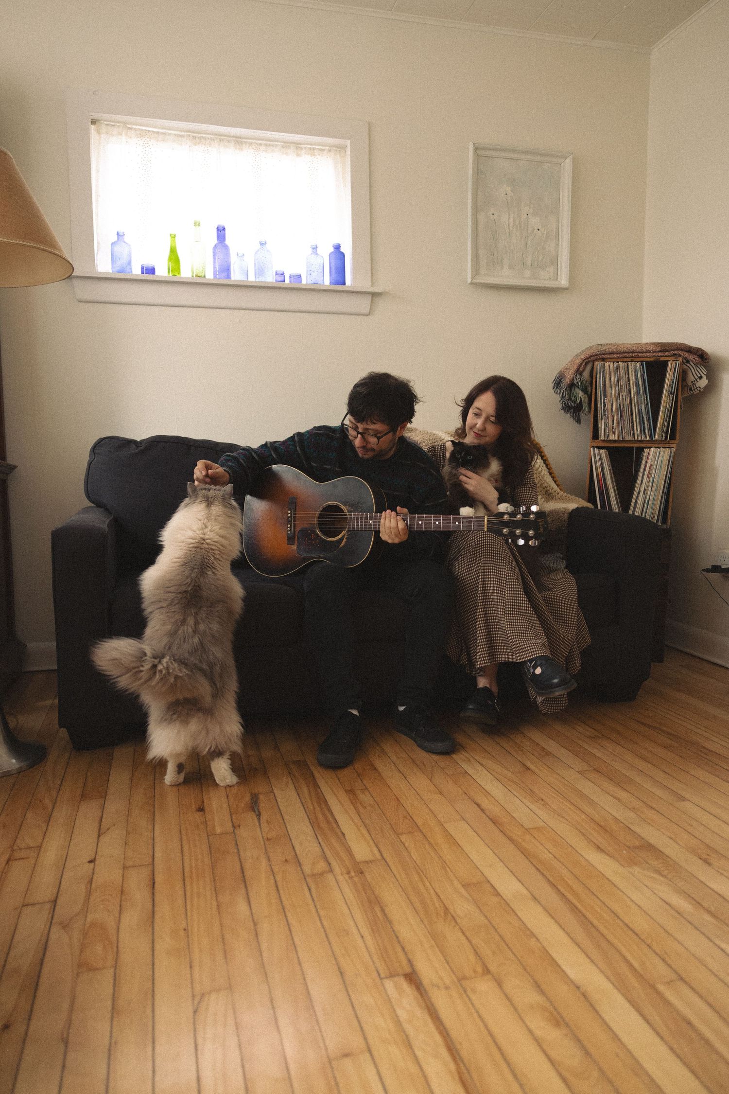 Couple playing acoustic guitar on a dark sofa with a fluffy cat standing up, in a cozy living room with wood floors.