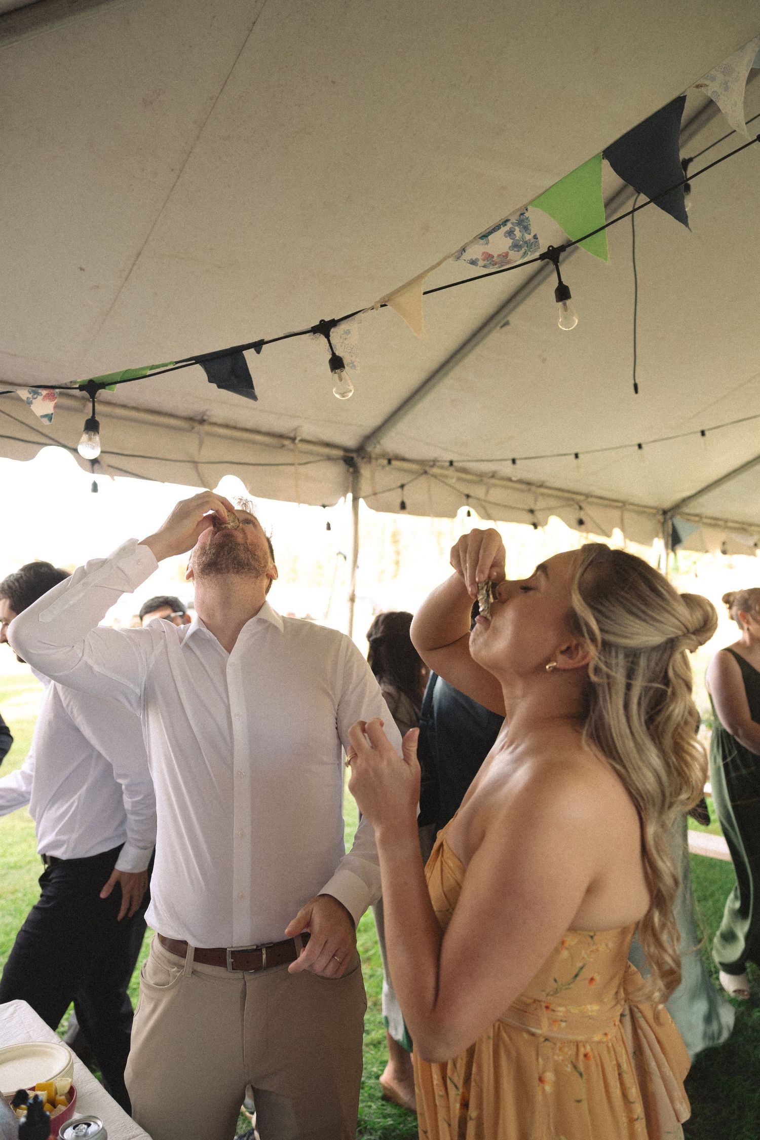 Wedding guests enjoying drinks under a tent with string lights and bunting decorations.