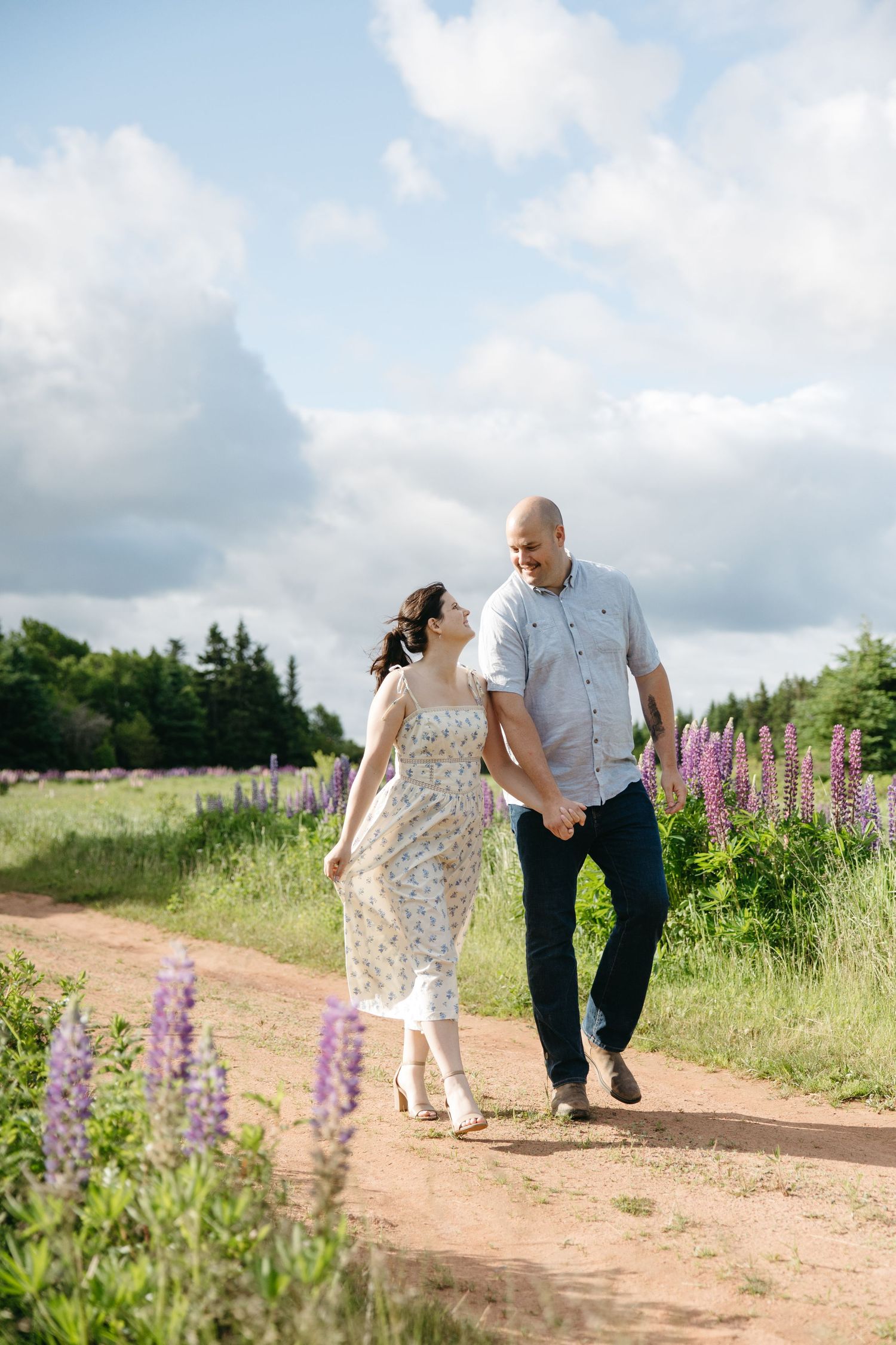 Couple holding hands and walking along a dirt path surrounded by blooming purple lupine flowers on a sunny day.