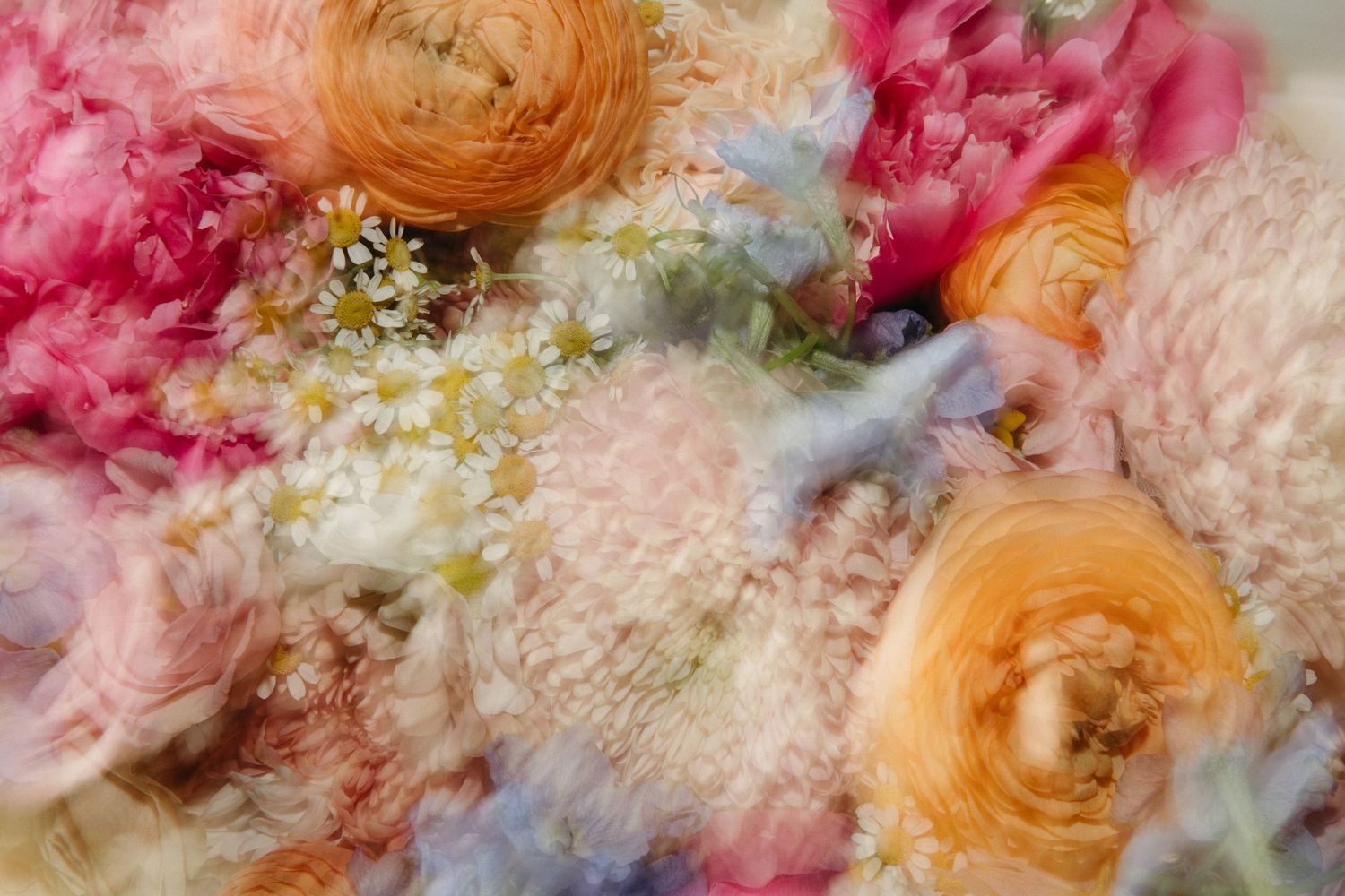 Close-up of delicate pink and peach floral arrangements with soft blurred textures.